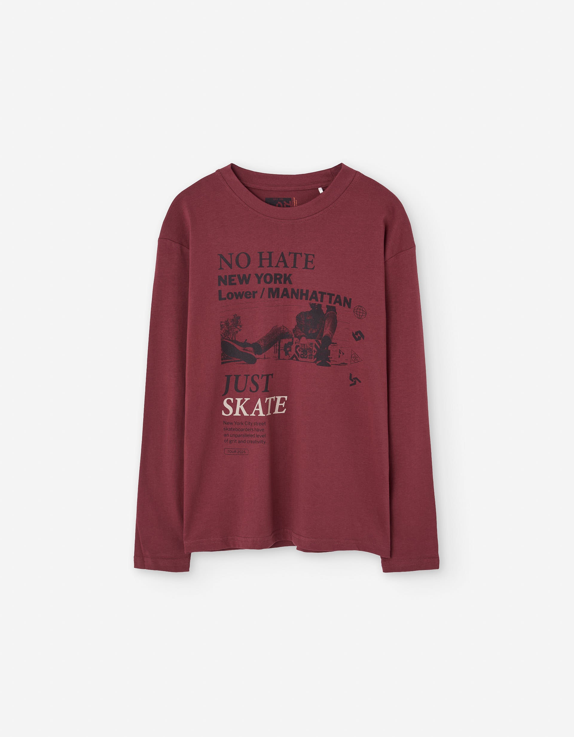 Long sleeve cotton T-shirt with New York print for boys, dark red