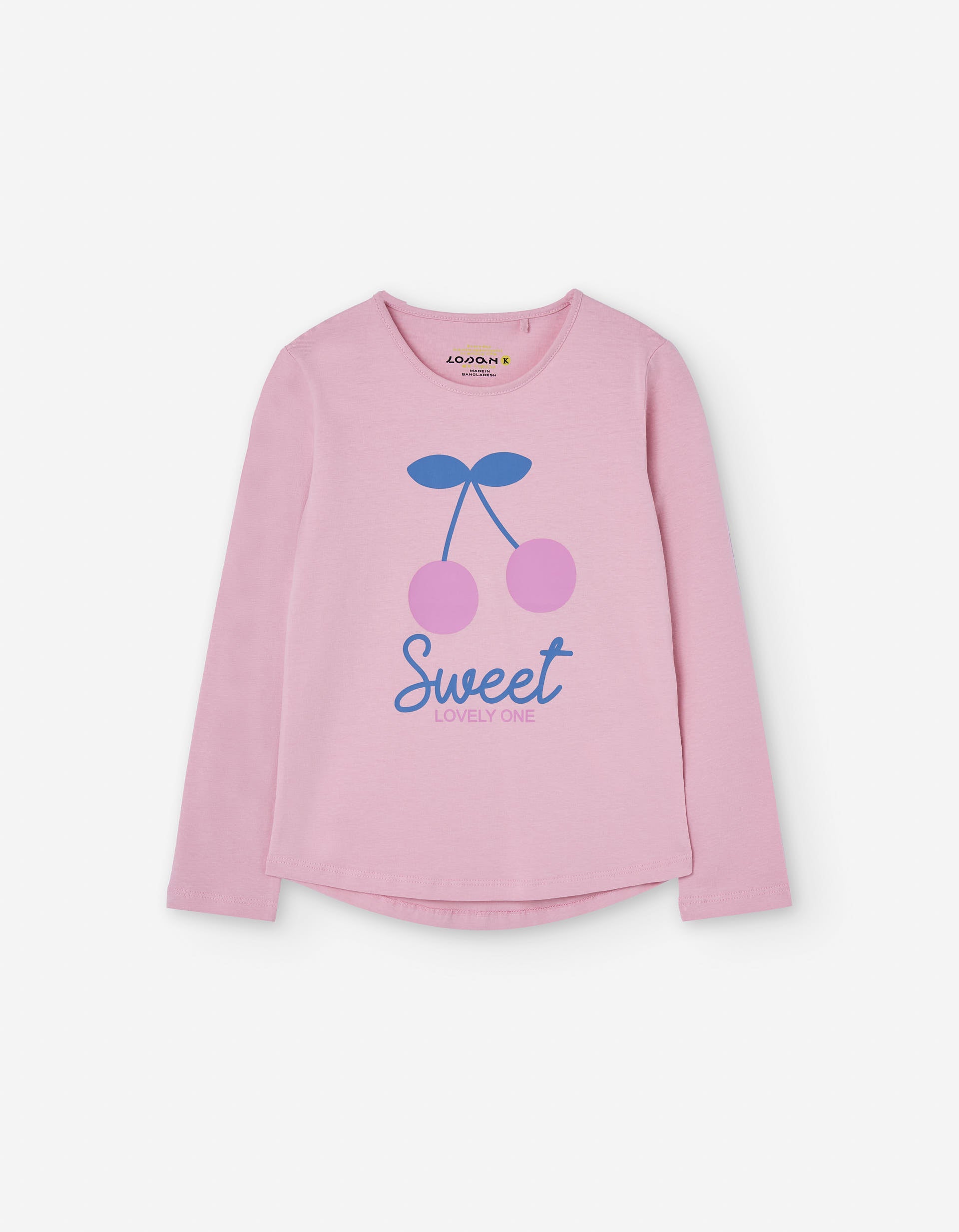 Long sleeve cotton T-shirt with cherry print for girls, pink