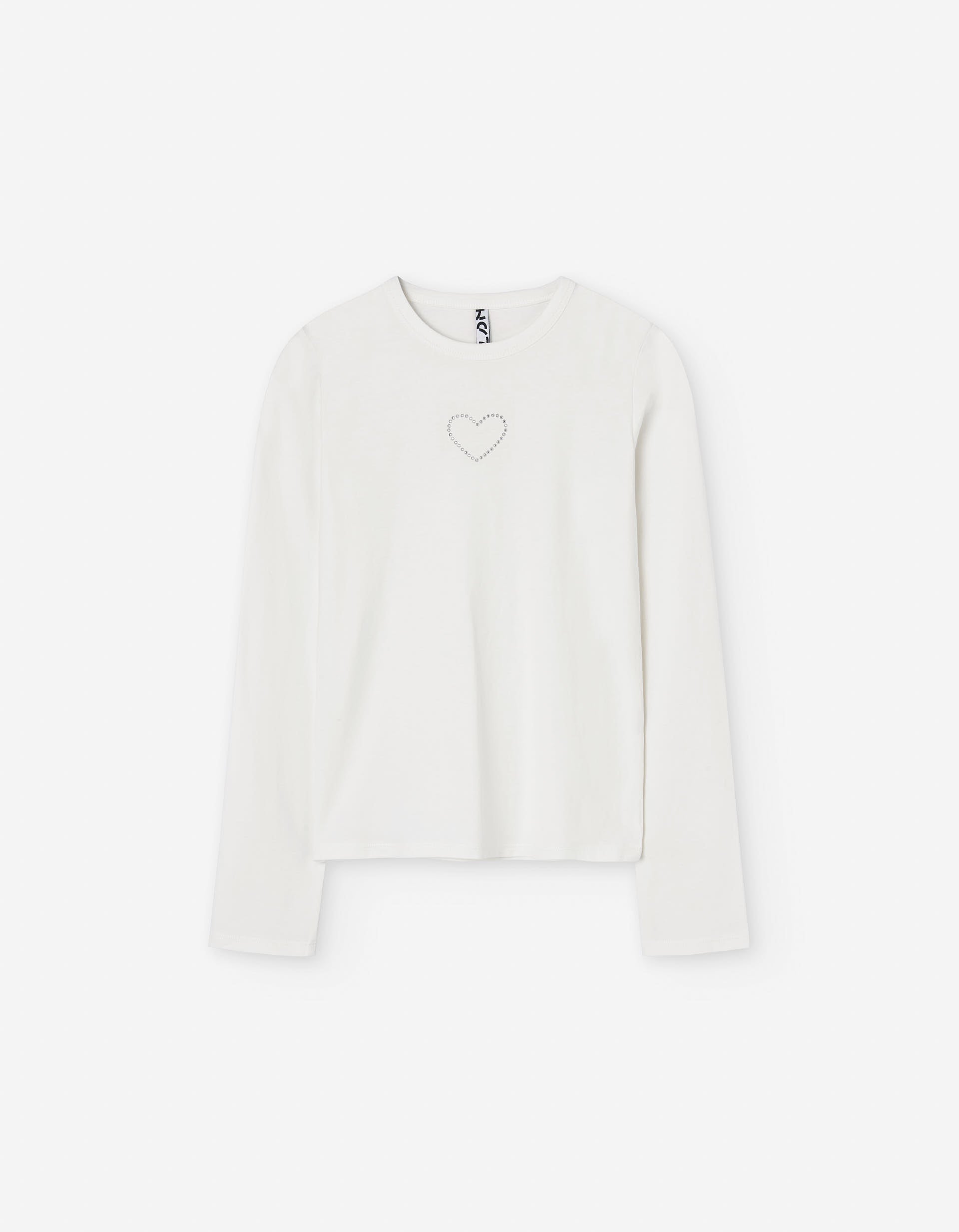 Long sleeve cotton T-shirt with heart in strass for girls, white