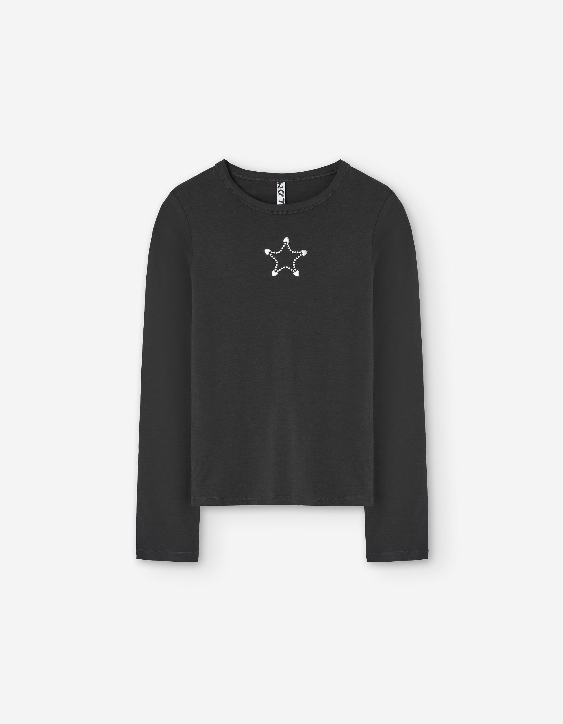 Long sleeve cotton T-shirt with star in strass for girls, black