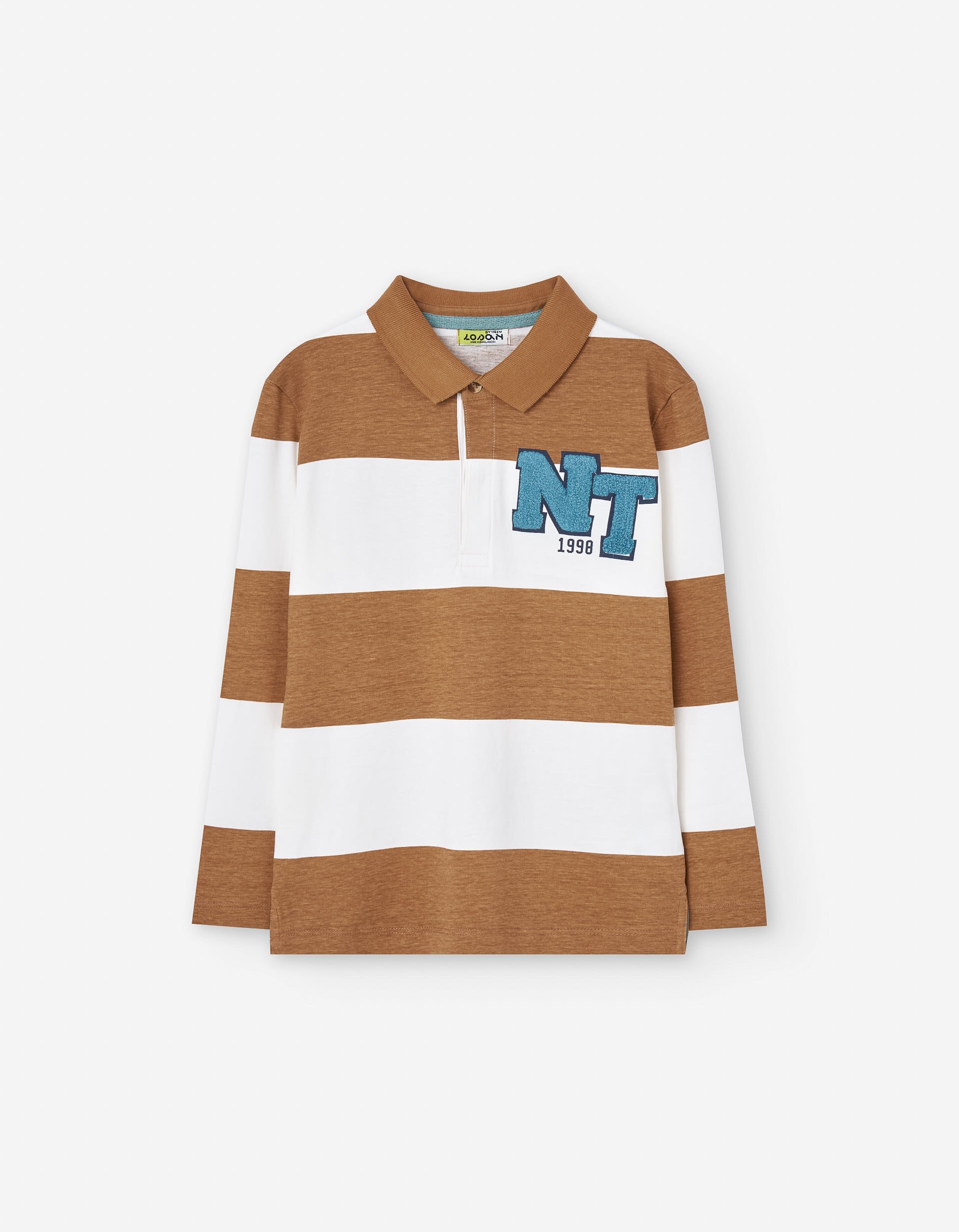 Long sleeve cotton polo shirt with stripes for boys, brown/white