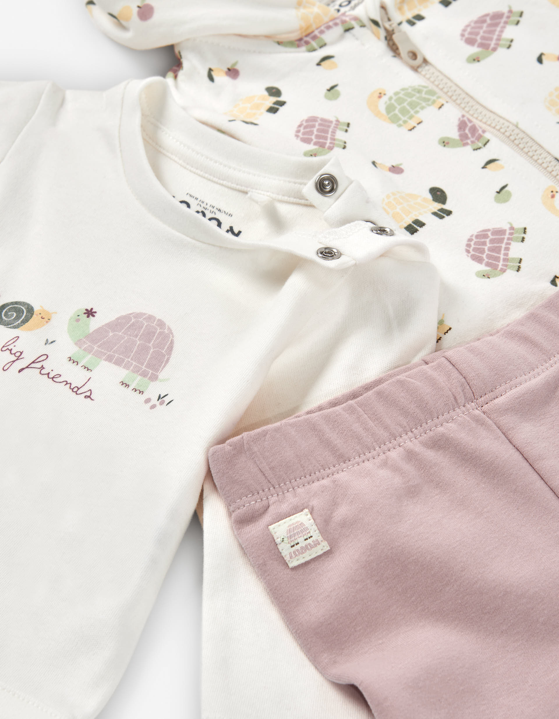 3-piece cotton set with turtle prints for newborn girls, white/pink