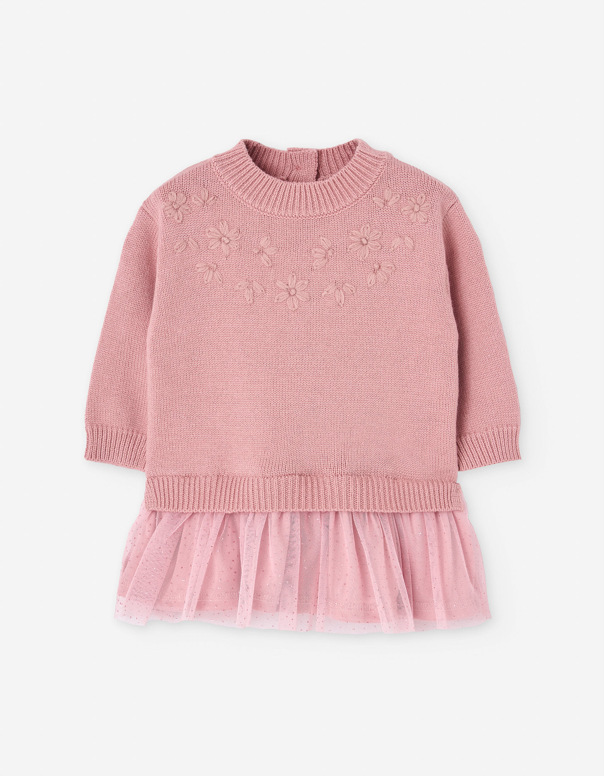 Dual-fabric dress with tulle skirt for baby girls, pink