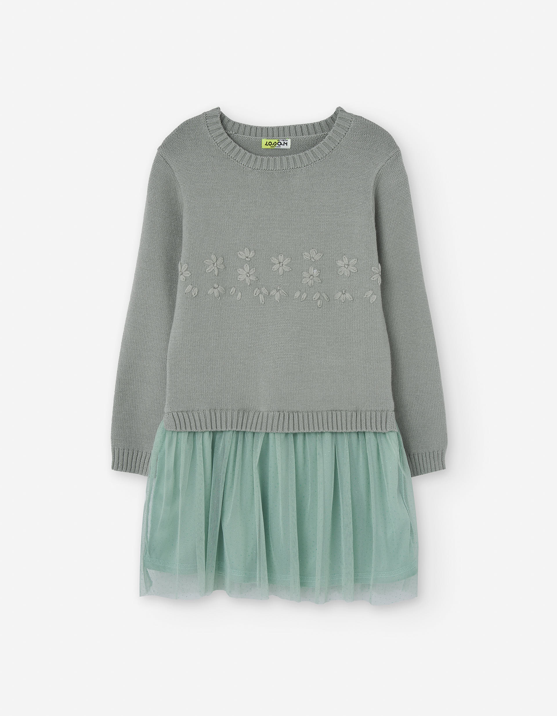 Vestido combinado com saia de tule para menina, cinza/verde