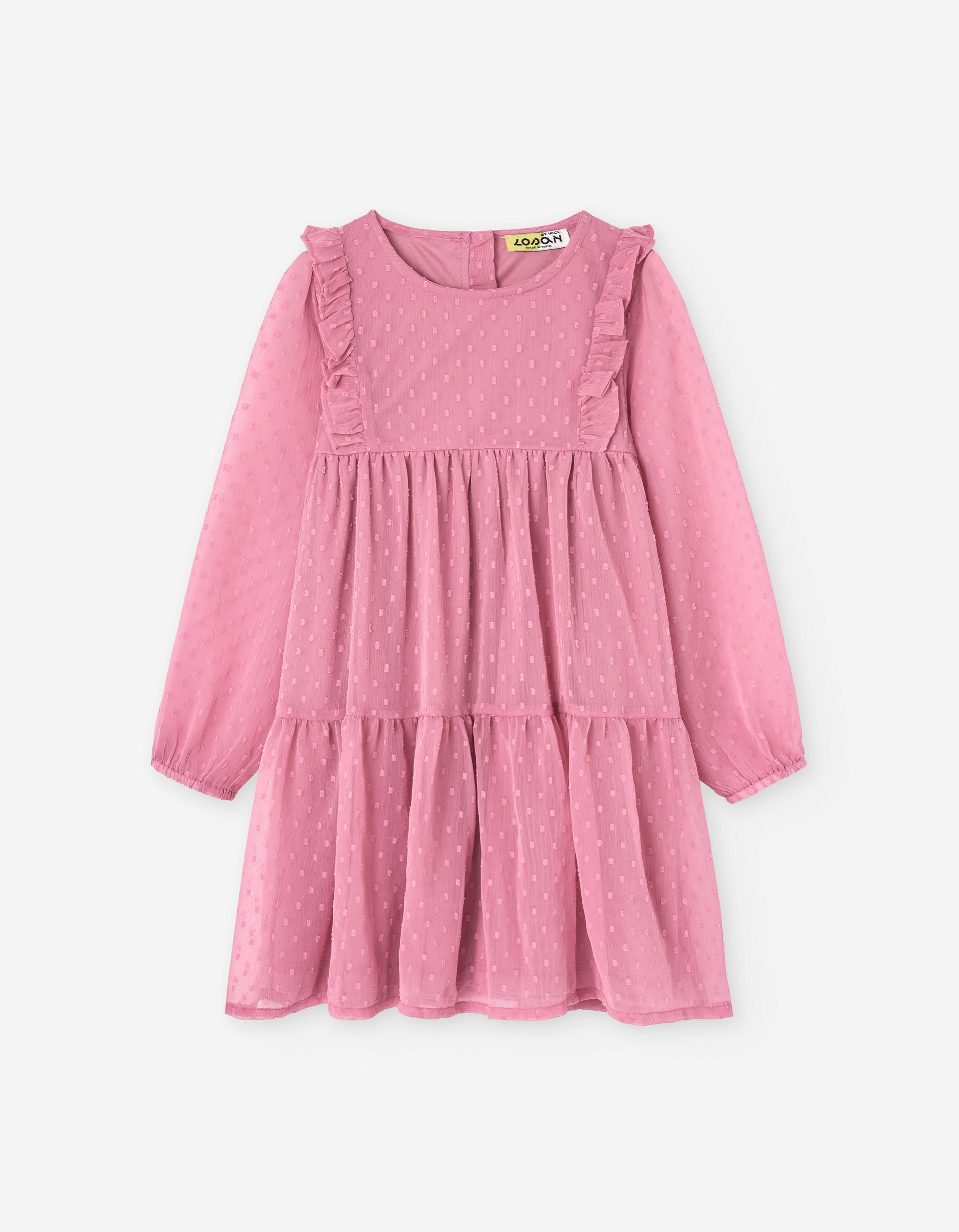 Vestido plumeti de manga comprida com folhos para menina, rosa
