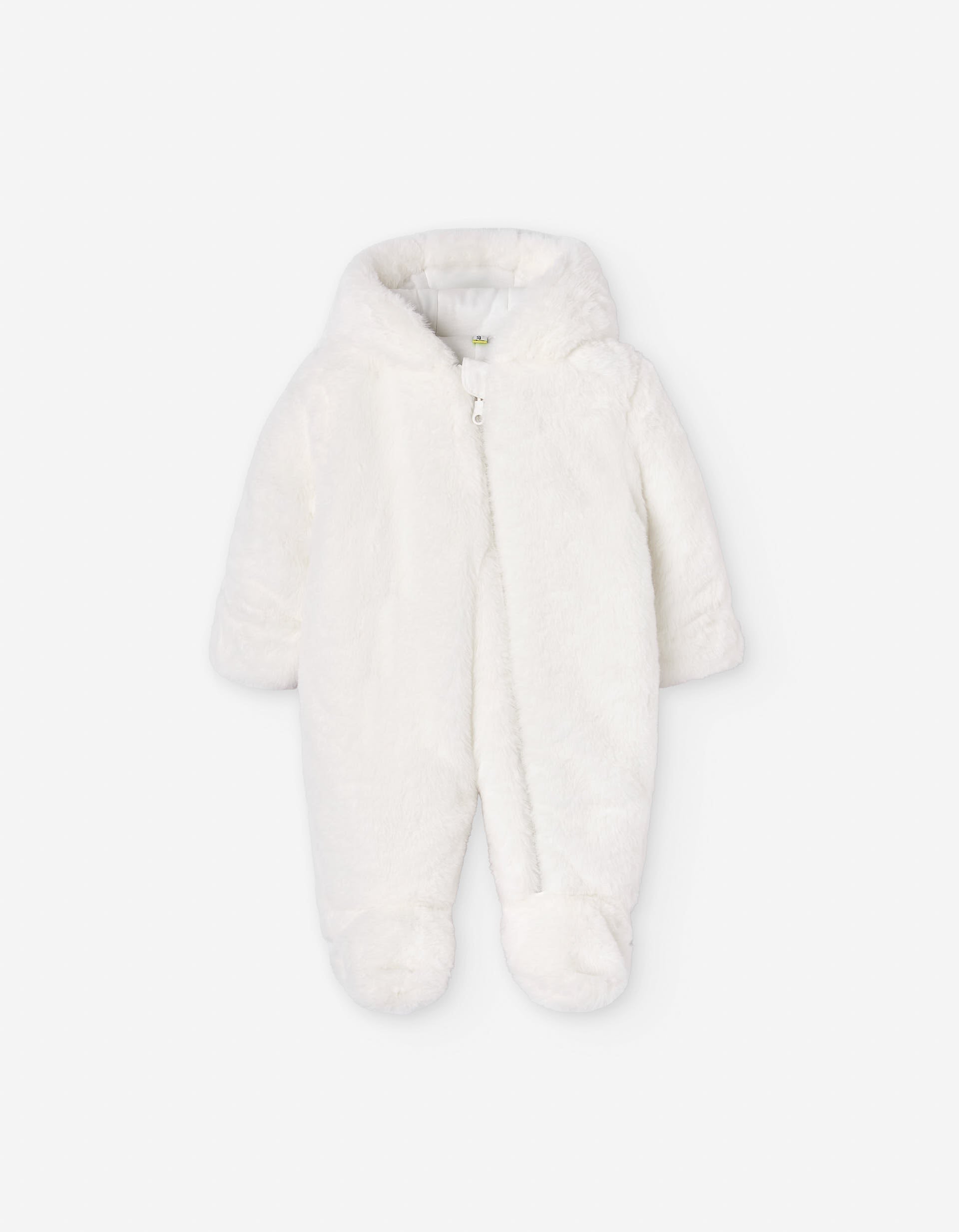 Faux fur jumpsuit with hood and 3D ears for newborn girls, white