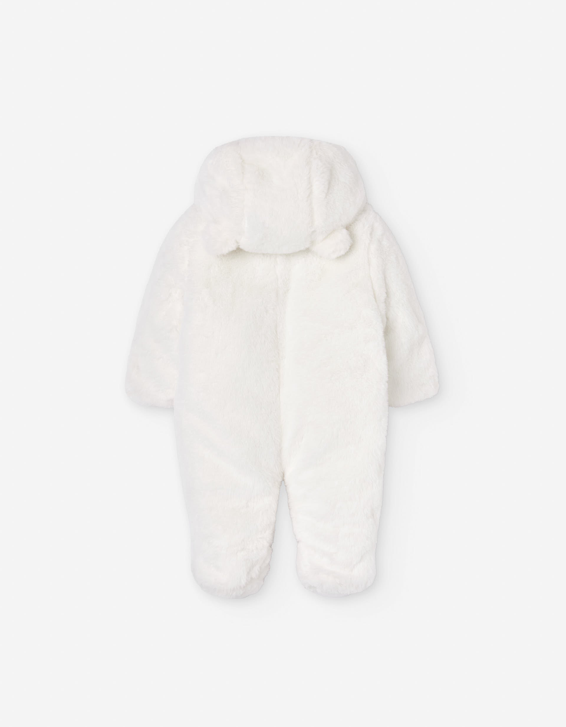 Faux fur jumpsuit with hood and 3D ears for newborn girls, white