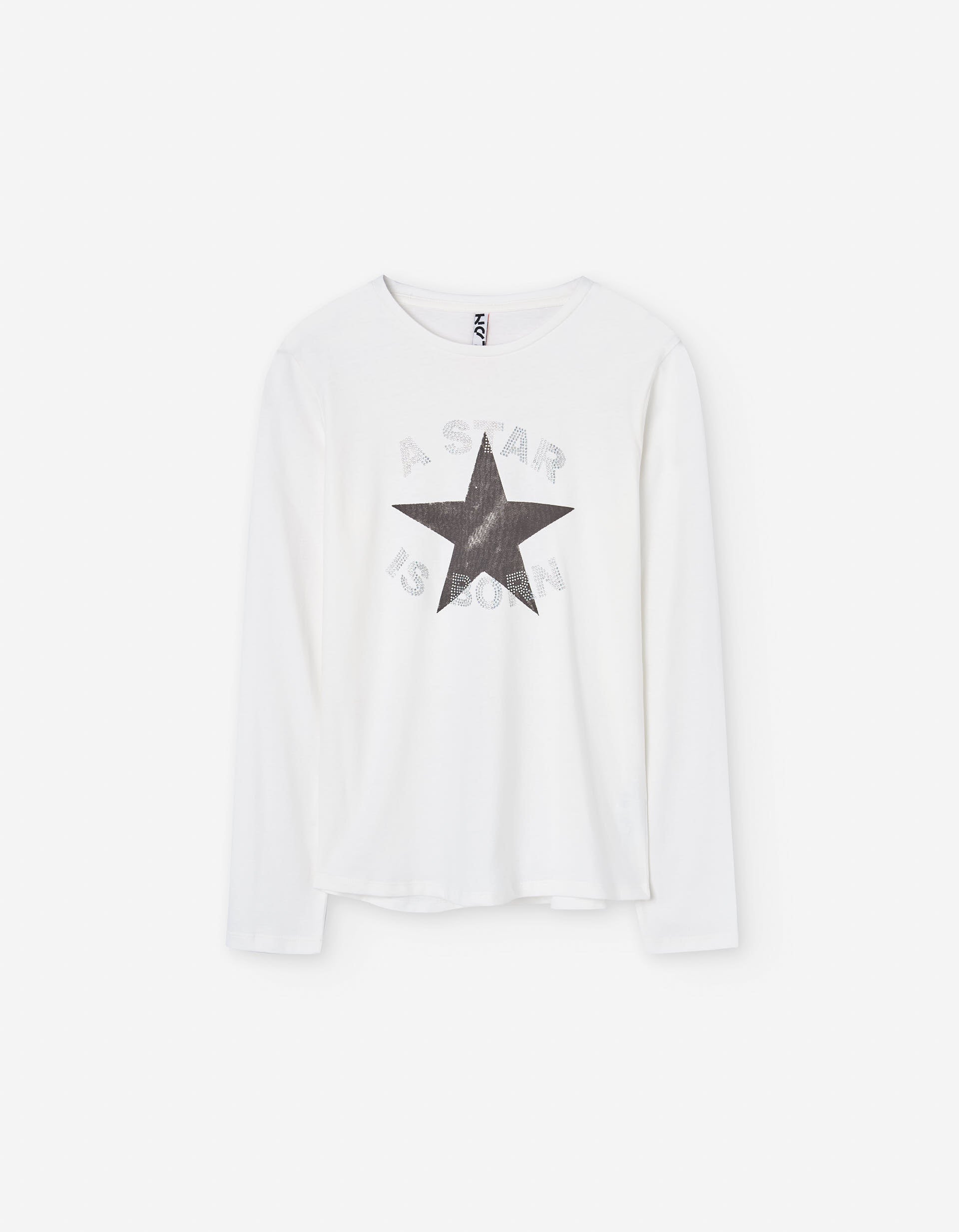Long sleeve cotton T-shirt with star print and strass for girls, white