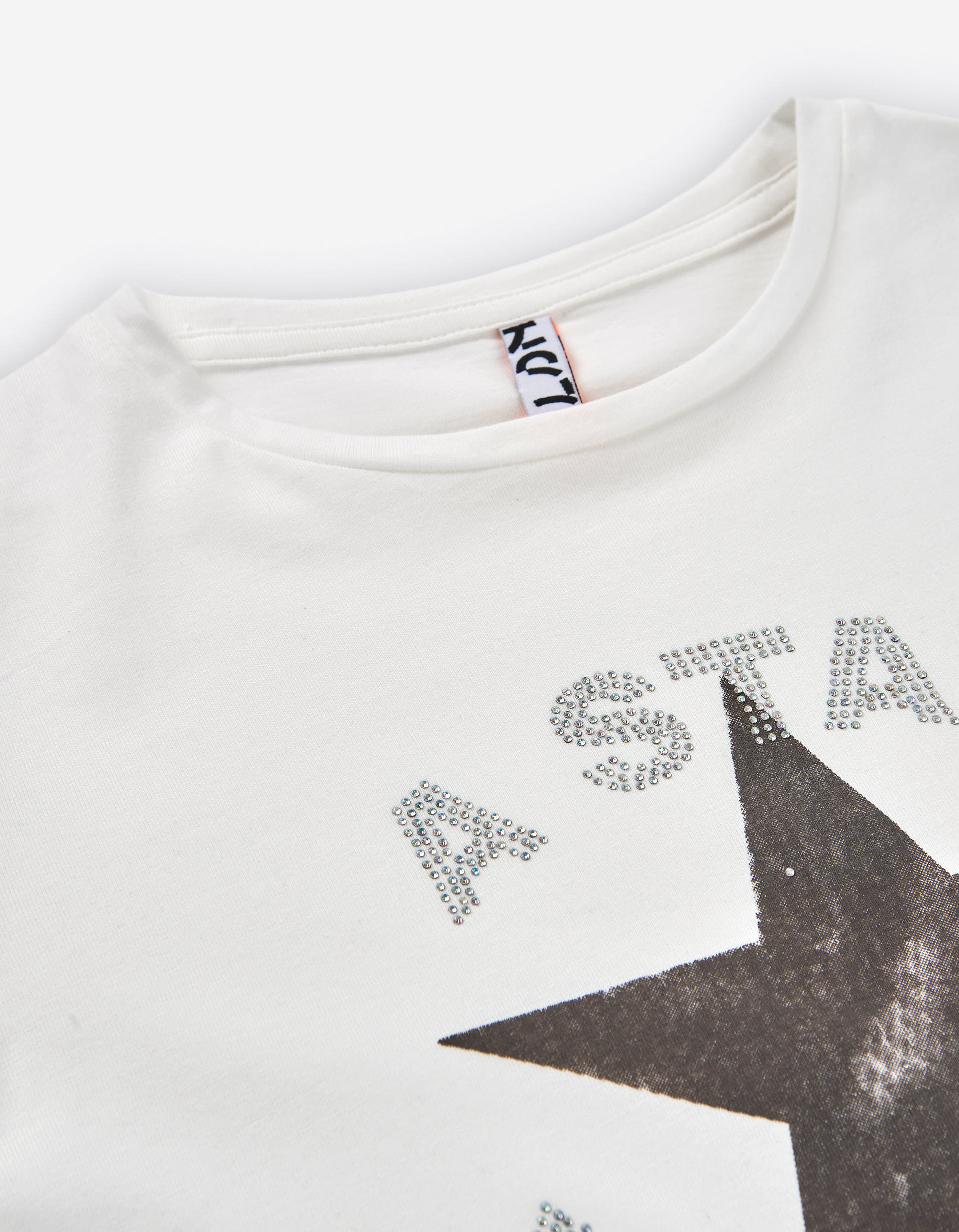 Long sleeve cotton T-shirt with star print and strass for girls, white