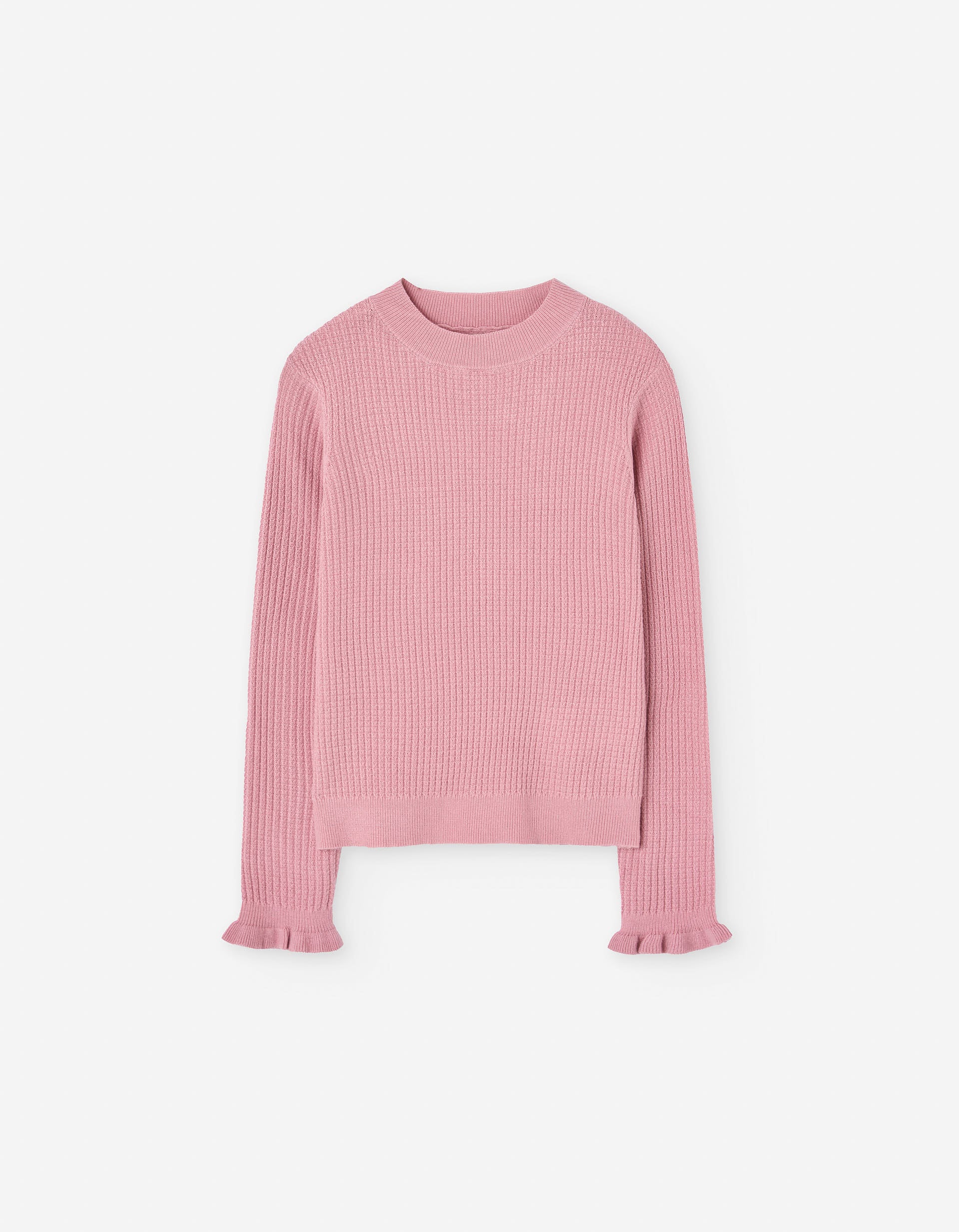Knitted ribbed jumper with ruffled cuffs for girls, pink