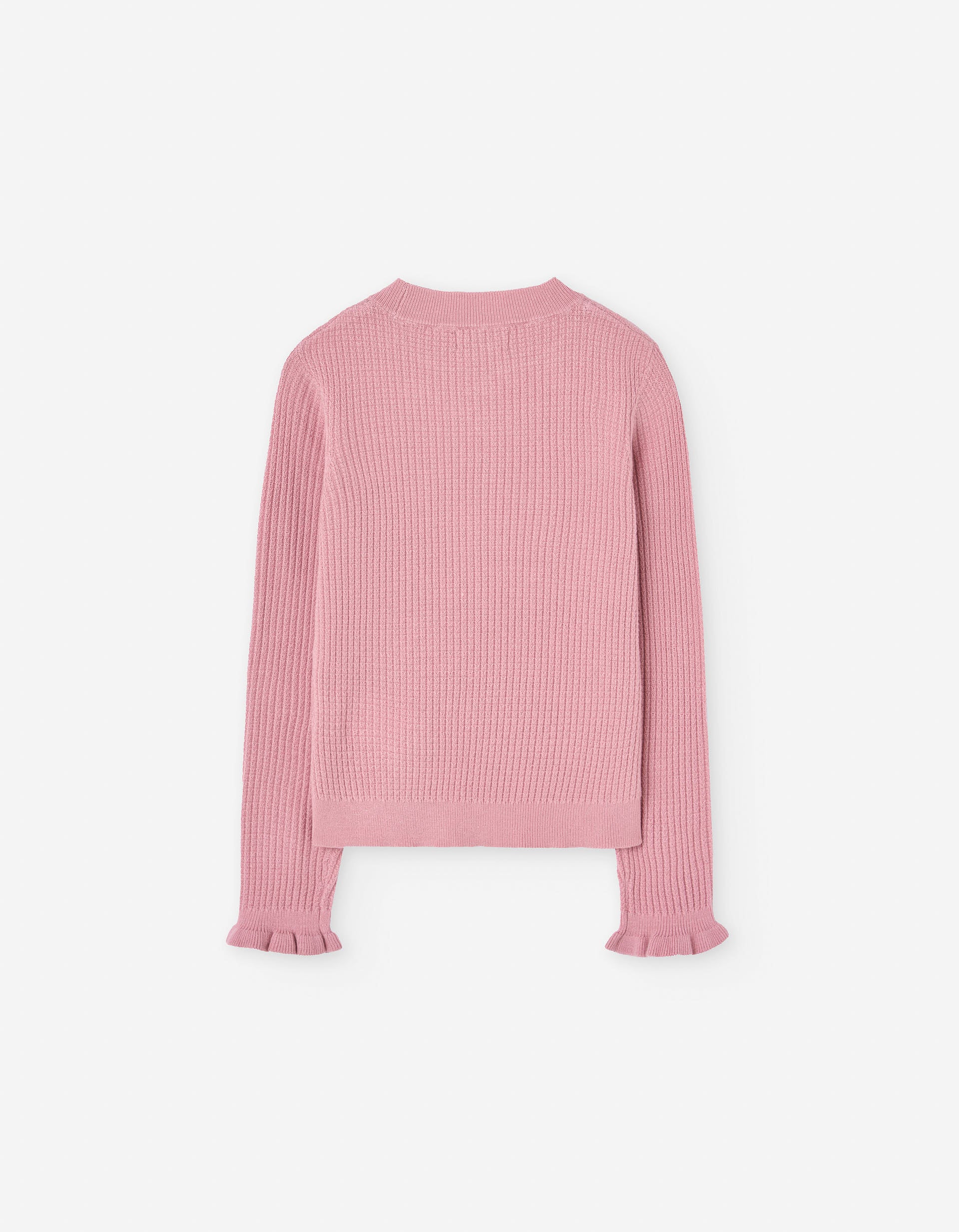 Knitted ribbed jumper with ruffled cuffs for girls, pink