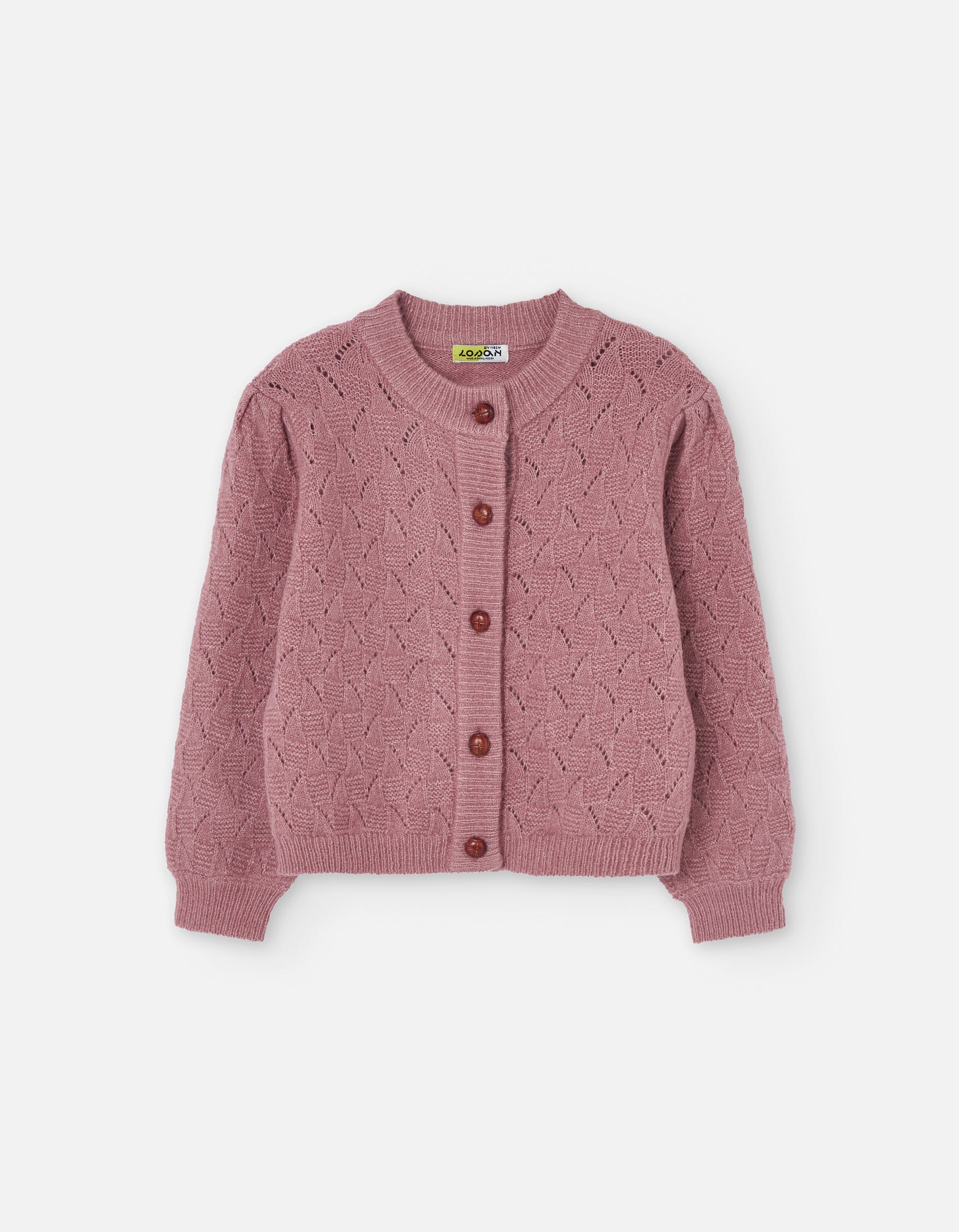 Casaco de malha ajurada com mangas balão para menina, rosa