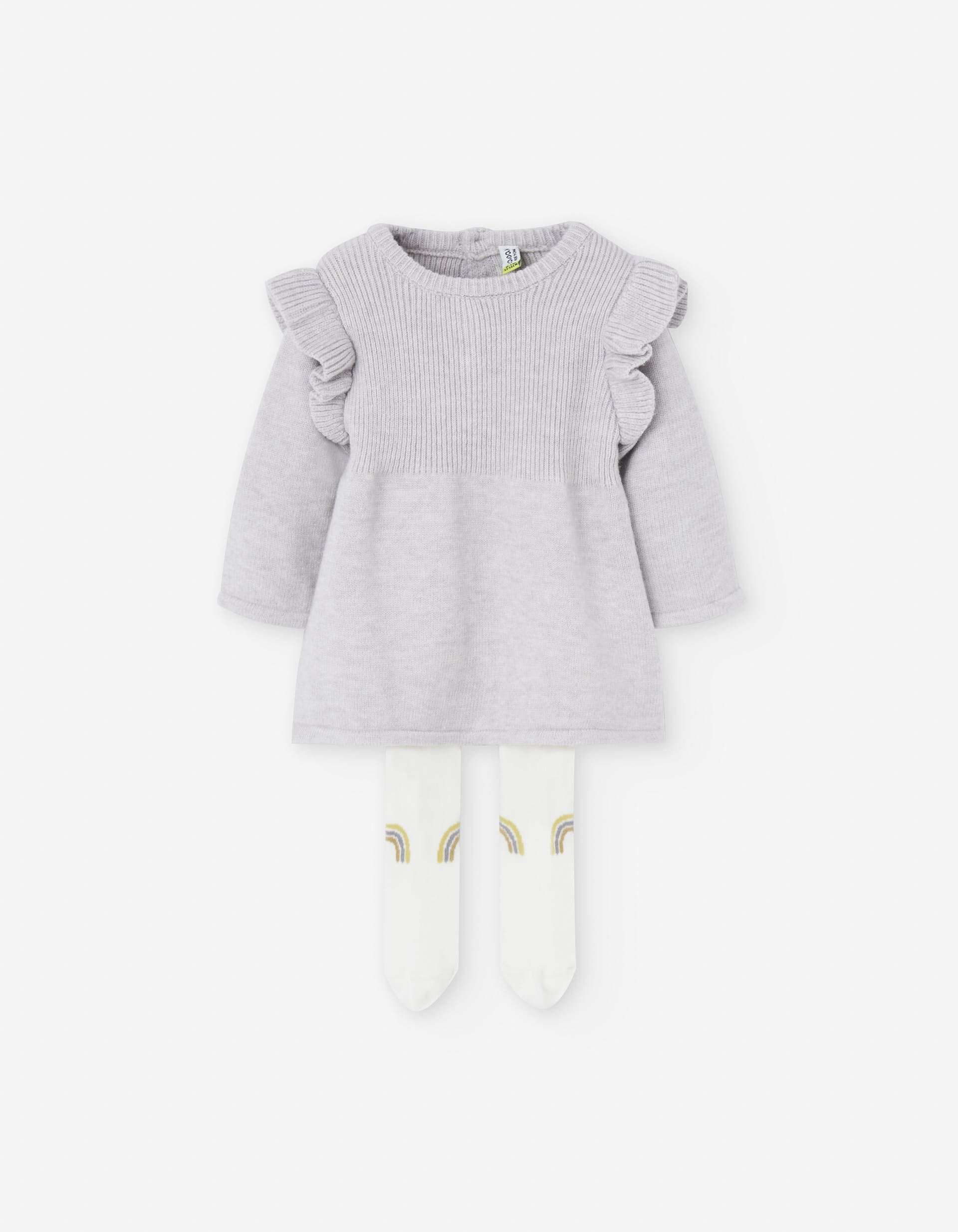Ribbed knit dress and tights for newborn girls, grey/white