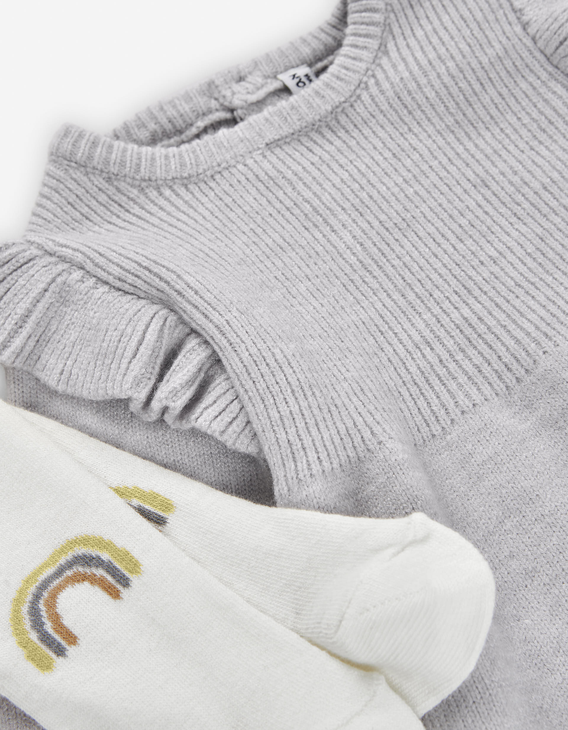 Ribbed knit dress and tights for newborn girls, grey/white
