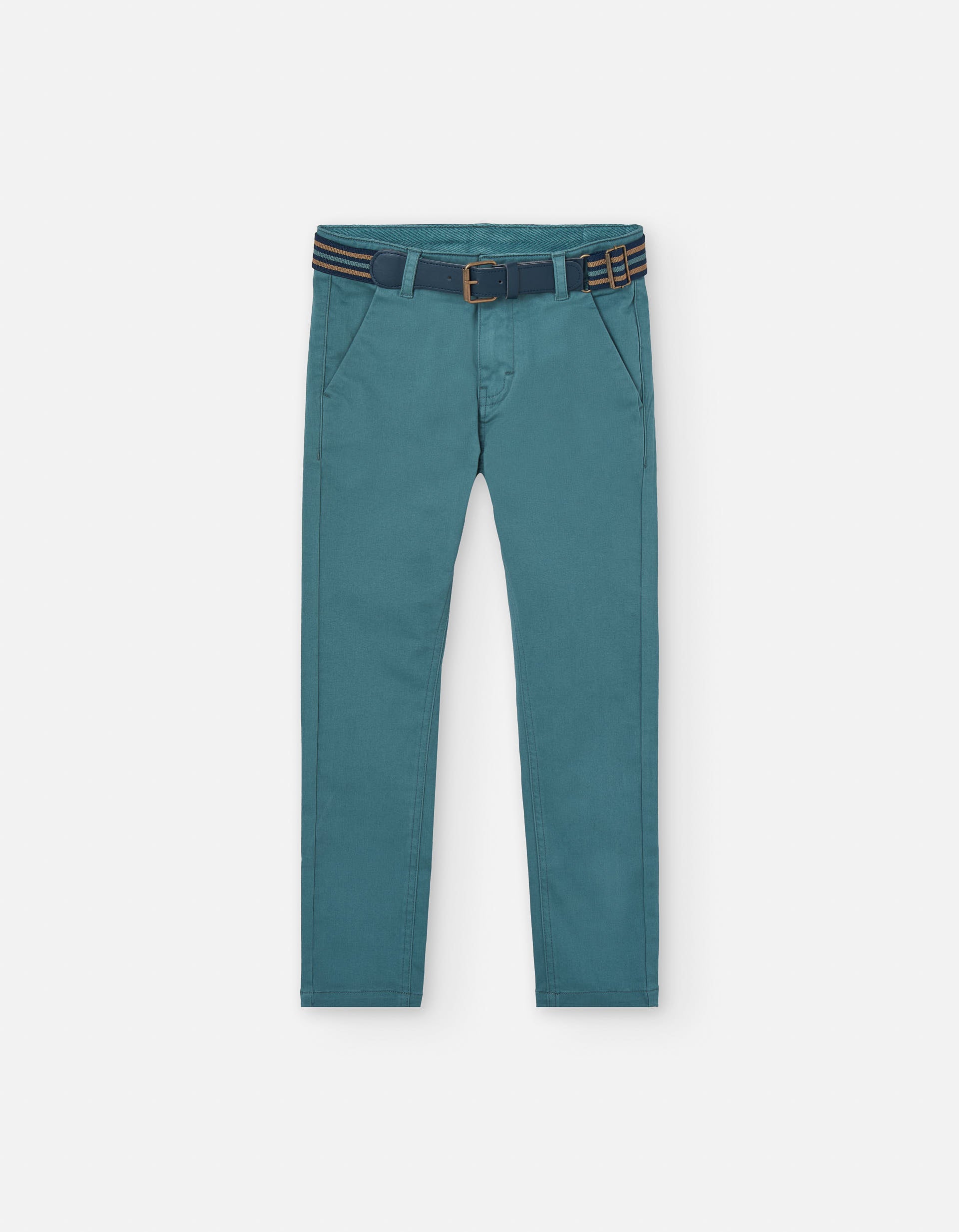 Slim fit twill trousers with belt for boys, blue green