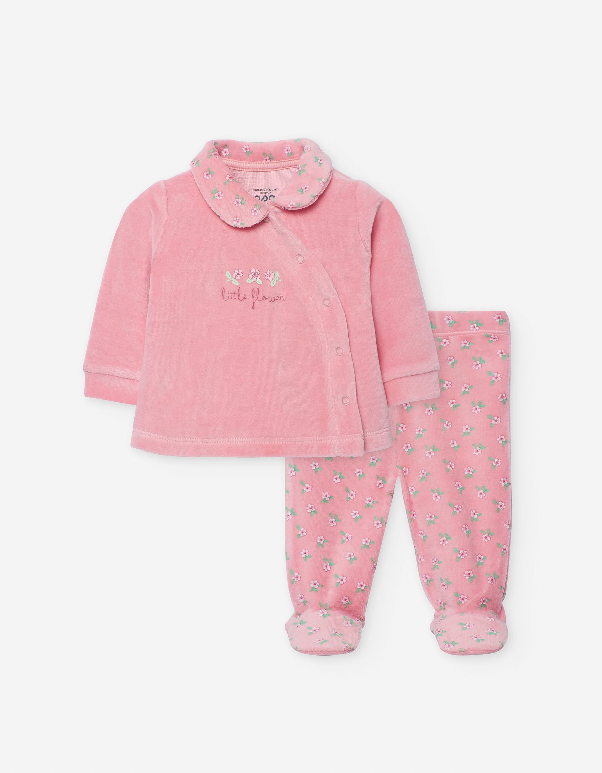 Velvet sweatshirt + floral footed trousers for newborn girls, pink
