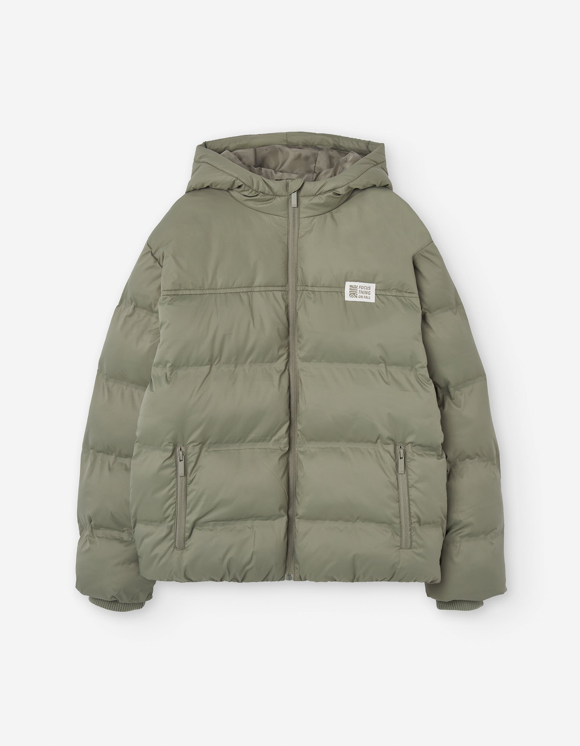 Hooded padded jacket with pockets for boys, khaki green