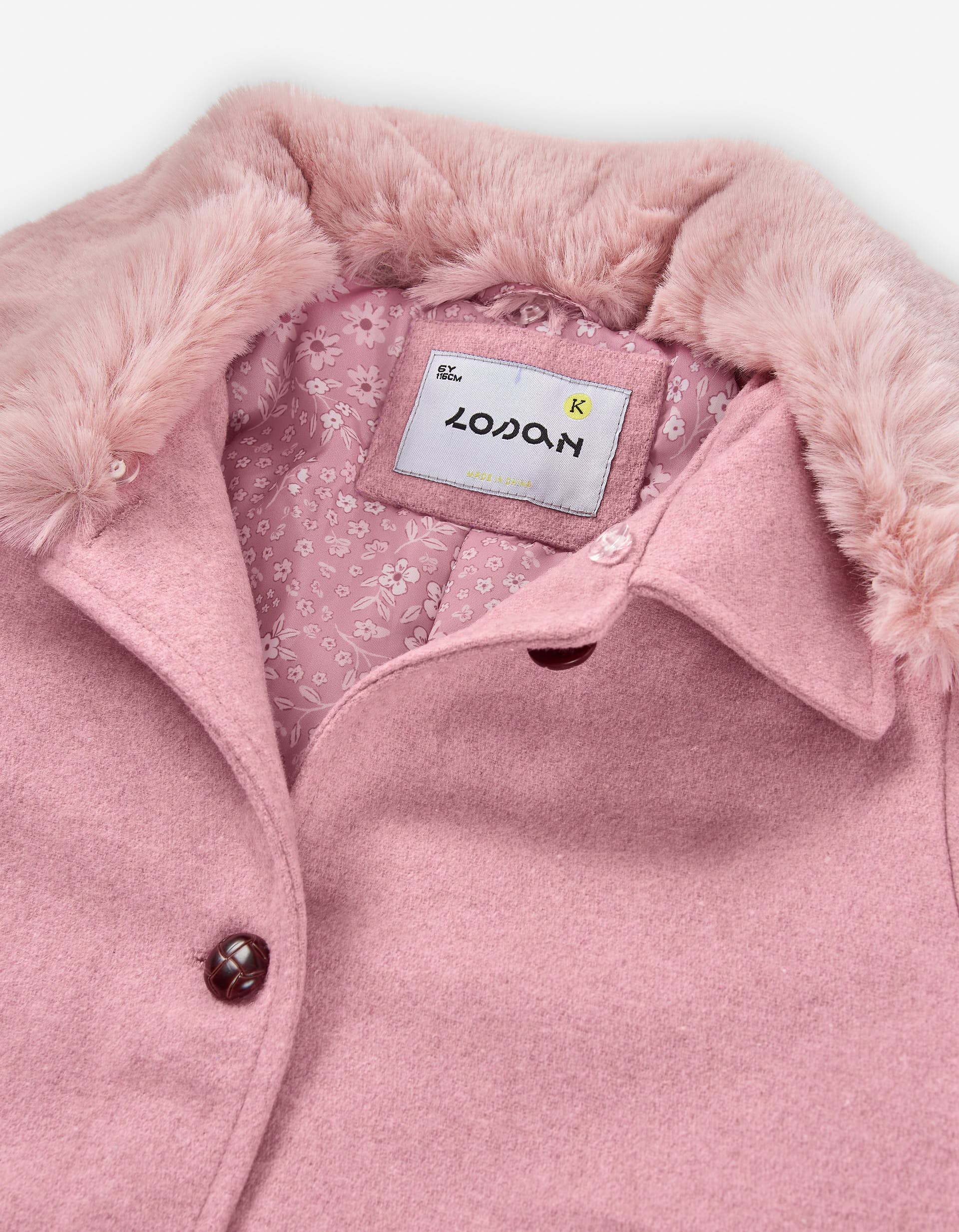 Wool effect coat with faux fur collar for girls, pink