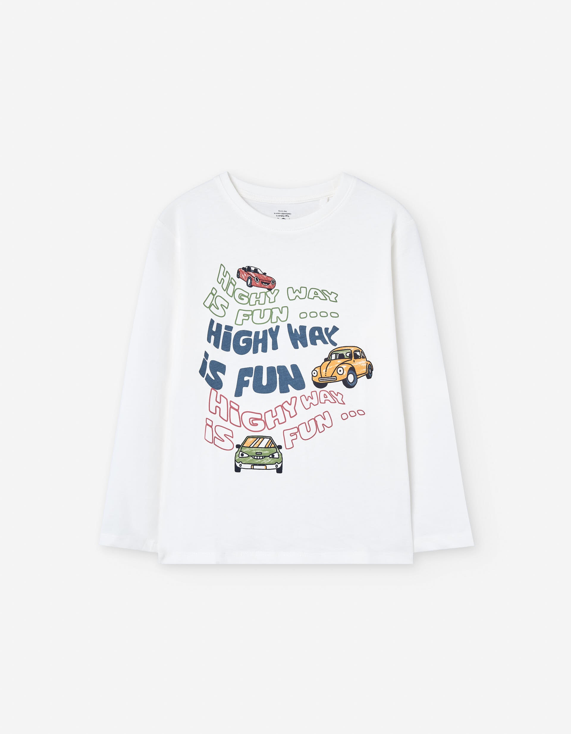 Long sleeve cotton T-shirt with cars print for boys, white
