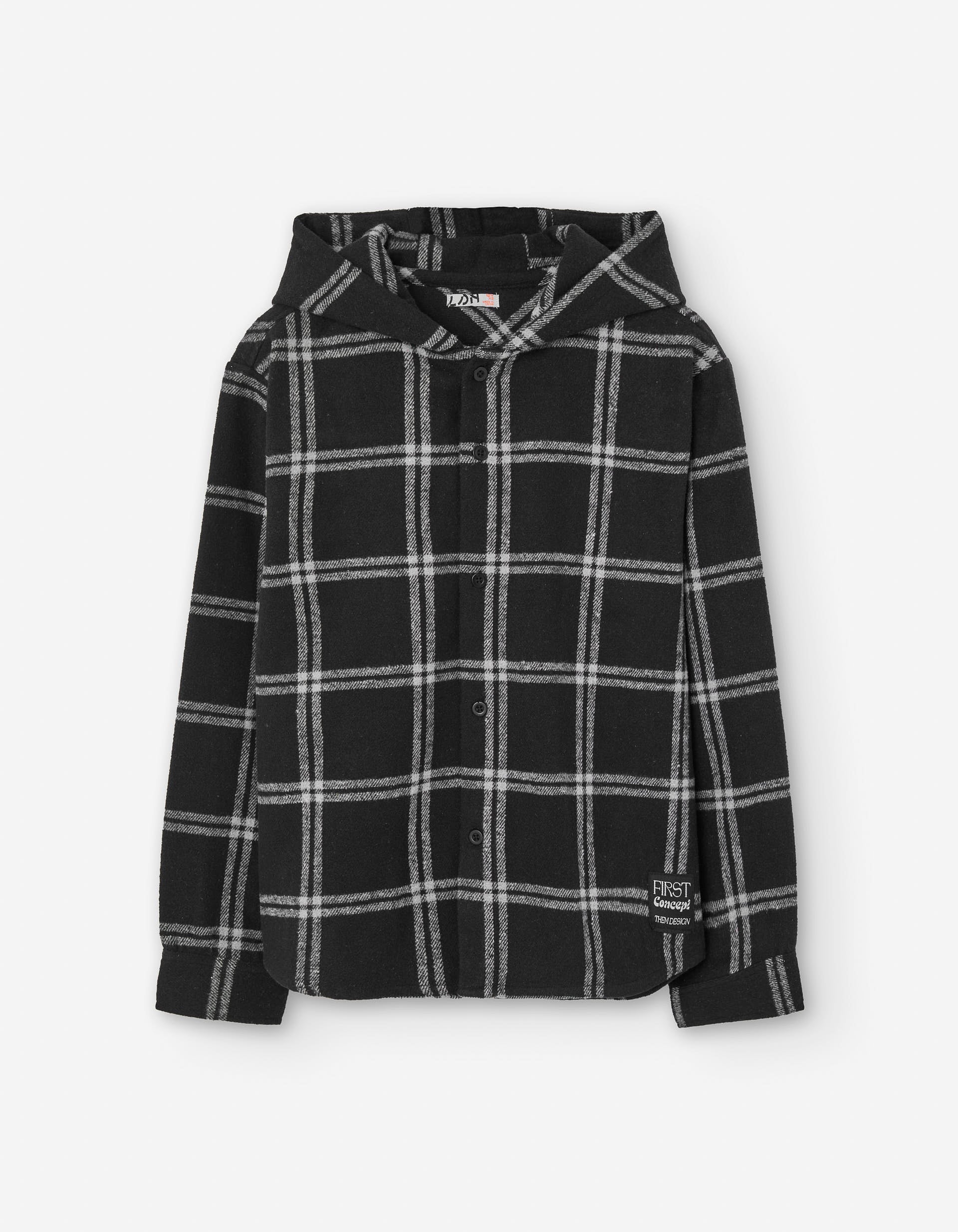 Brushed twill shirt with check pattern and hood for boys, black