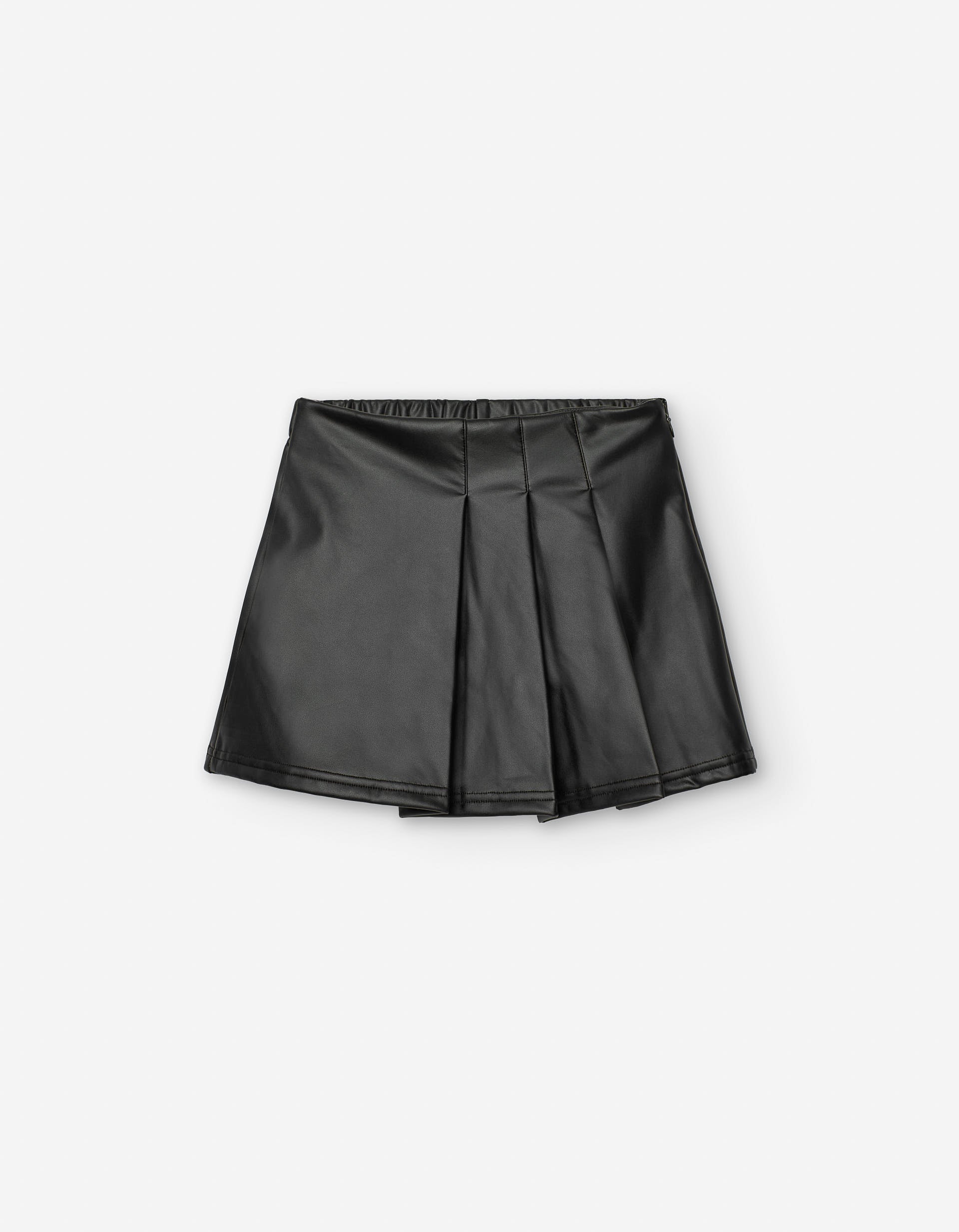 Synthetic leather pleated skort for girls, black