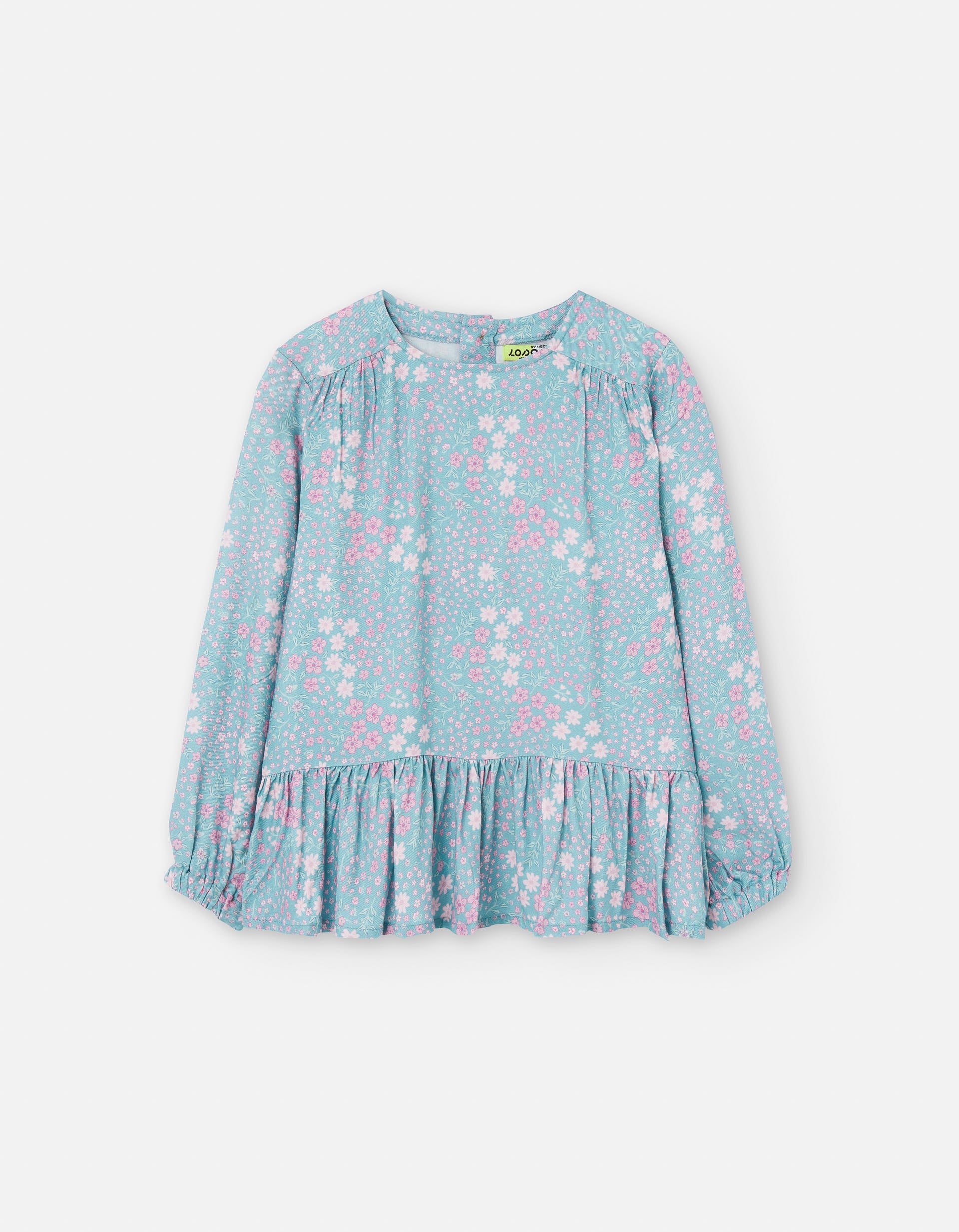 Long sleeve T-shirt with floral pattern for girls, blue/pink