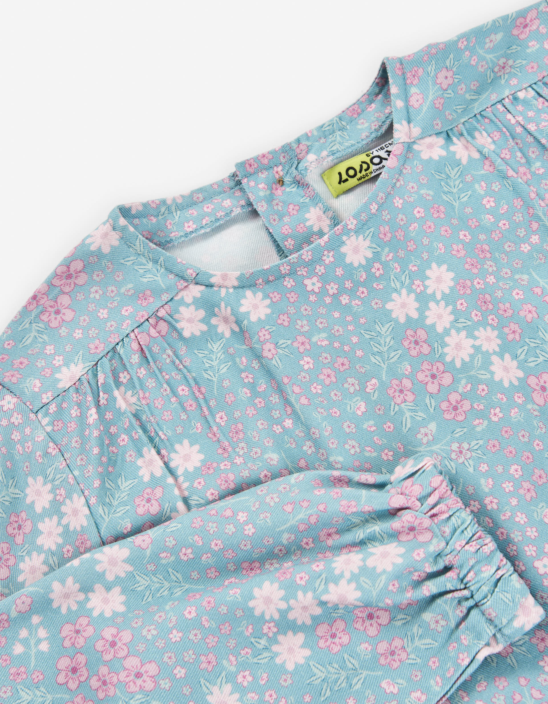 Long sleeve T-shirt with floral pattern for girls, blue/pink