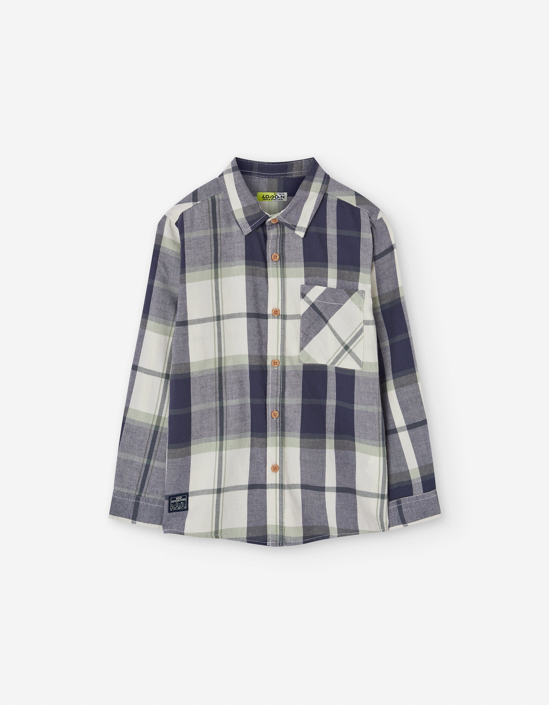 Long sleeve twill shirt with check pattern for boys, white/blue/green