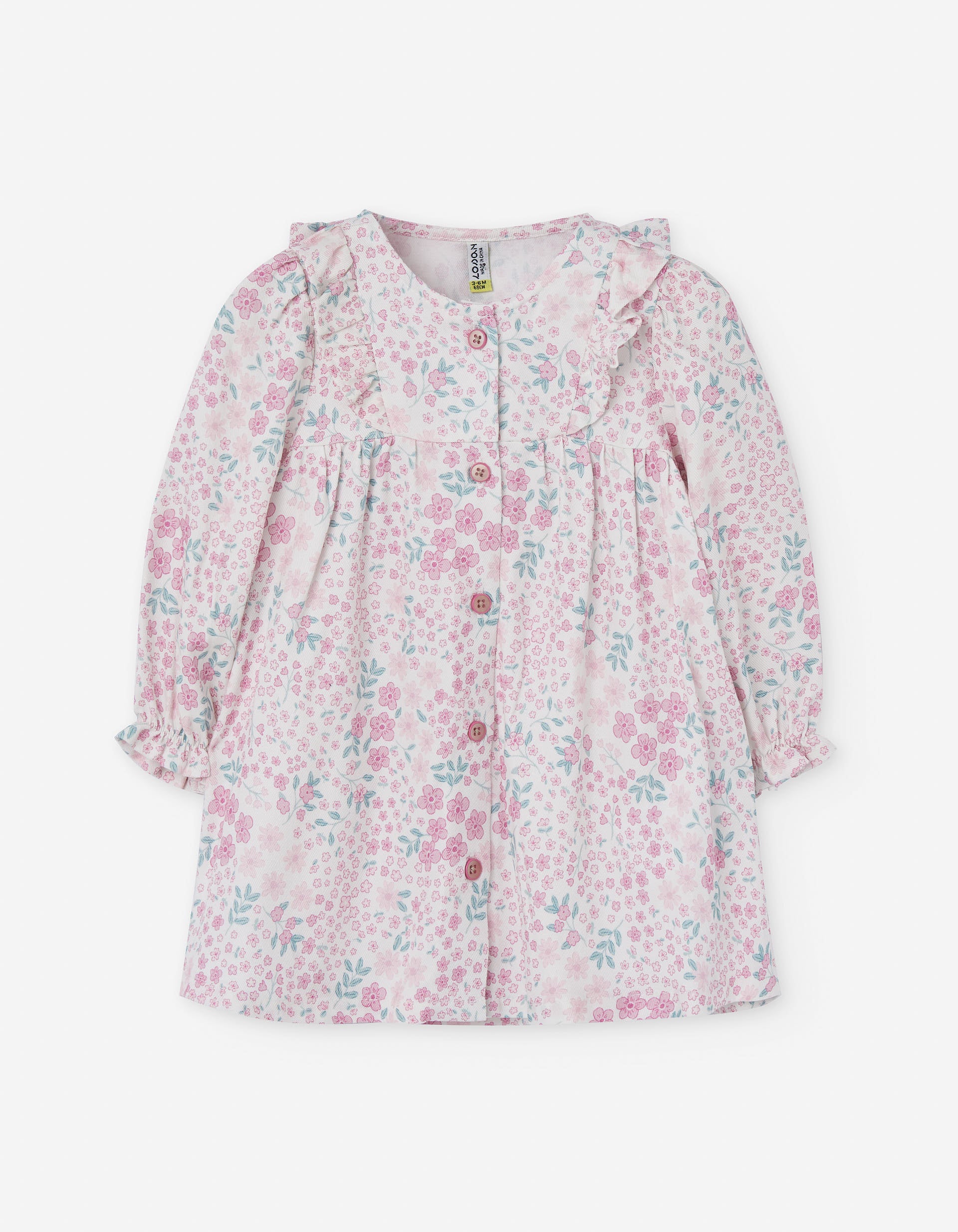Twill dress with floral print and ruffles for baby girls, pink