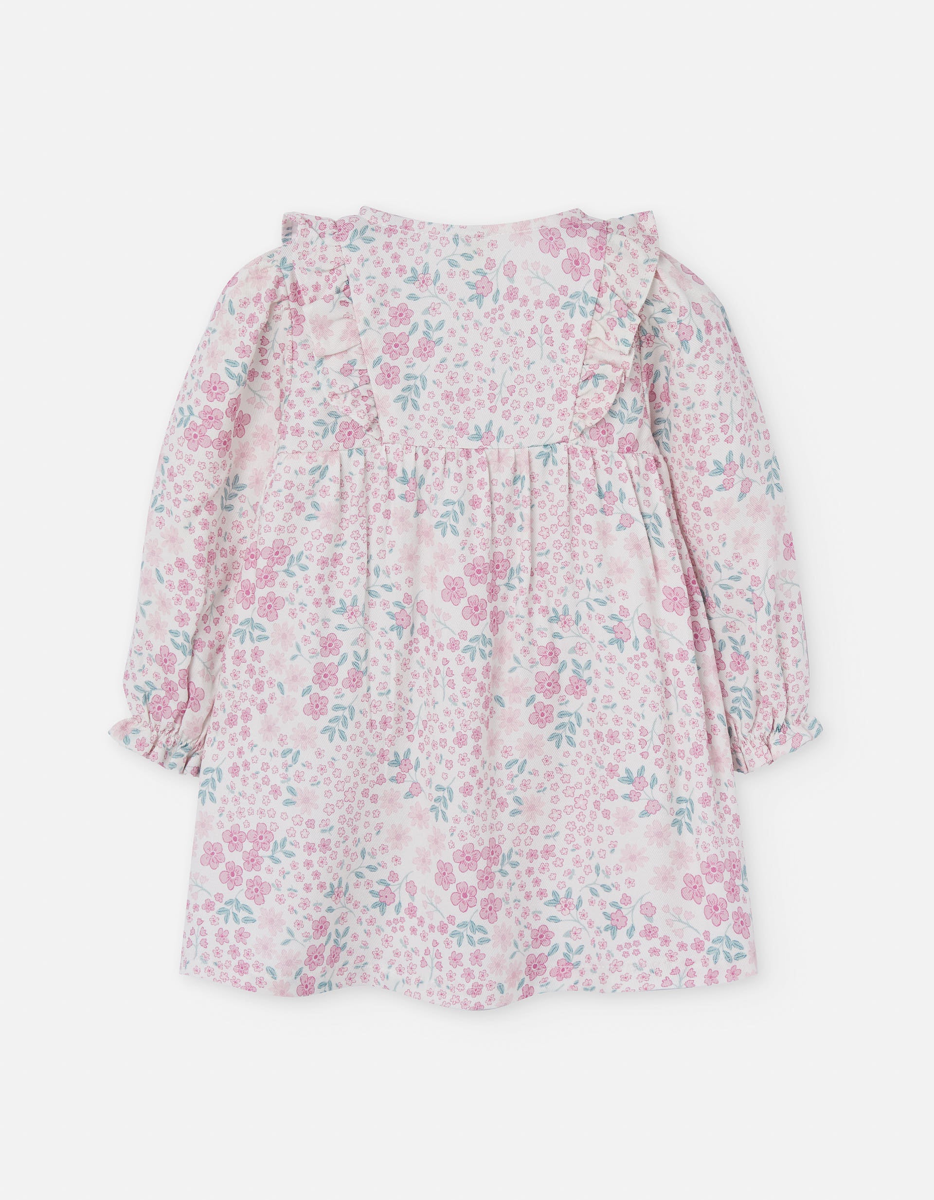 Twill dress with floral print and ruffles for baby girls, pink