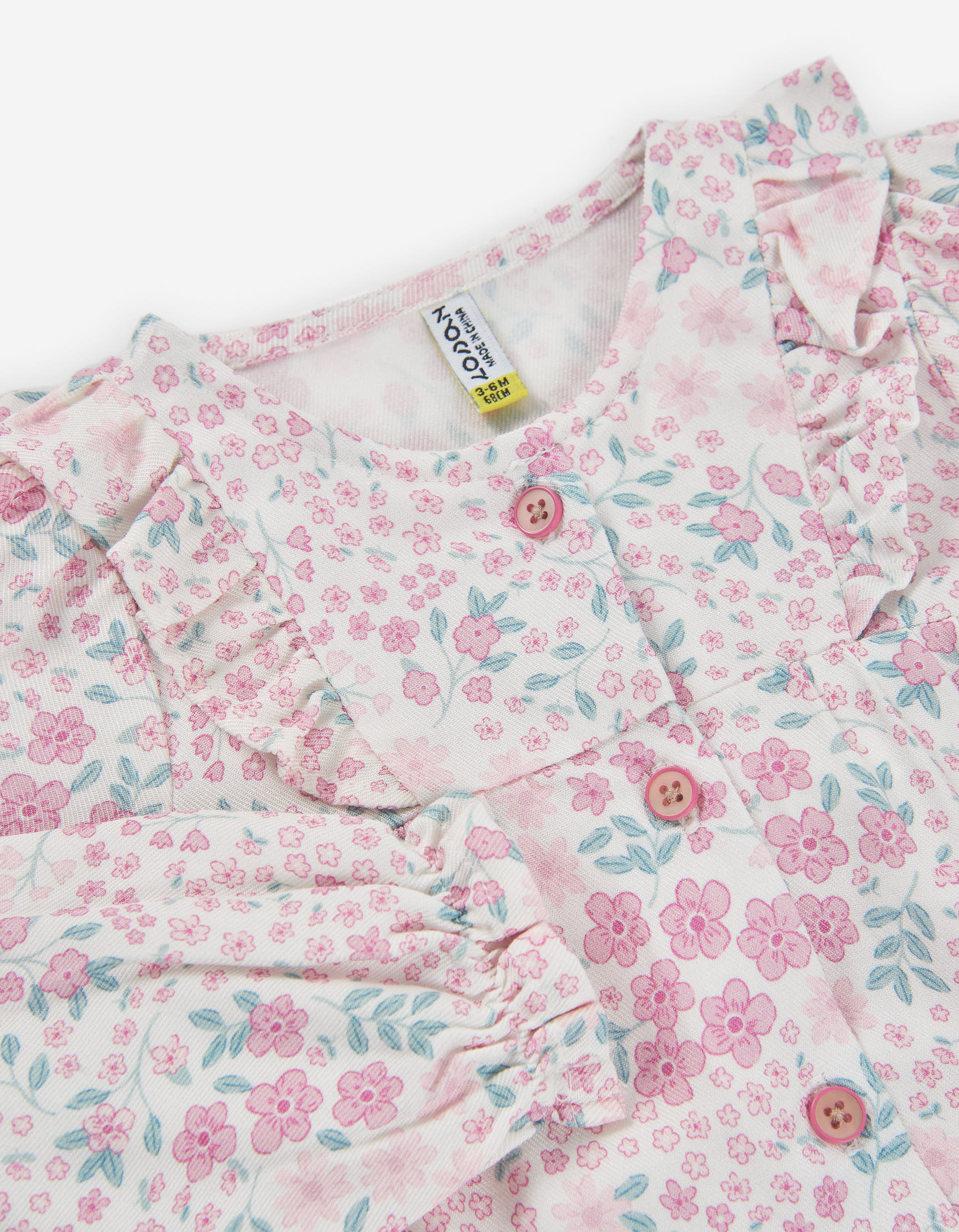 Twill dress with floral print and ruffles for baby girls, pink