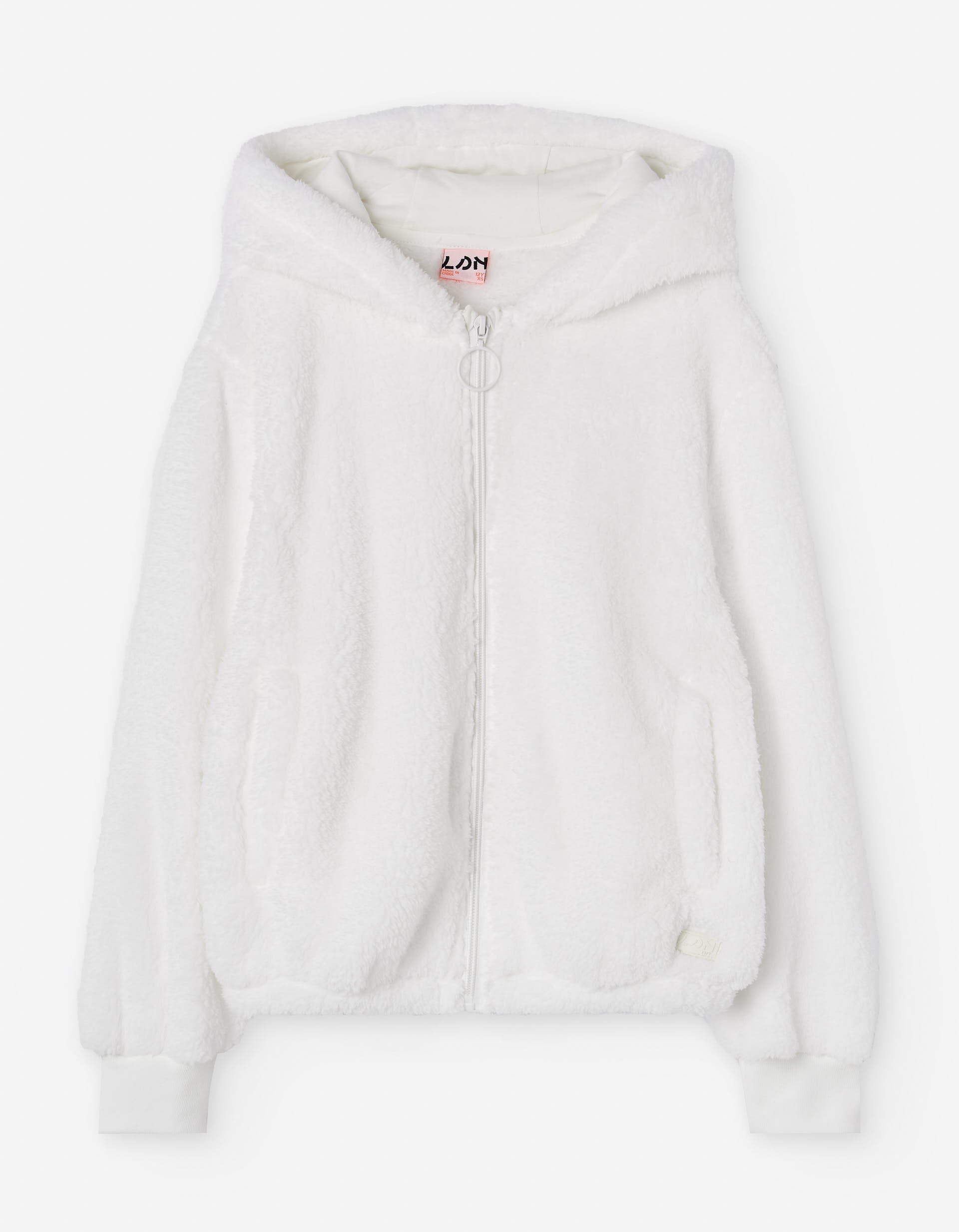Faux fur jacket with hood and pockets for girls, white