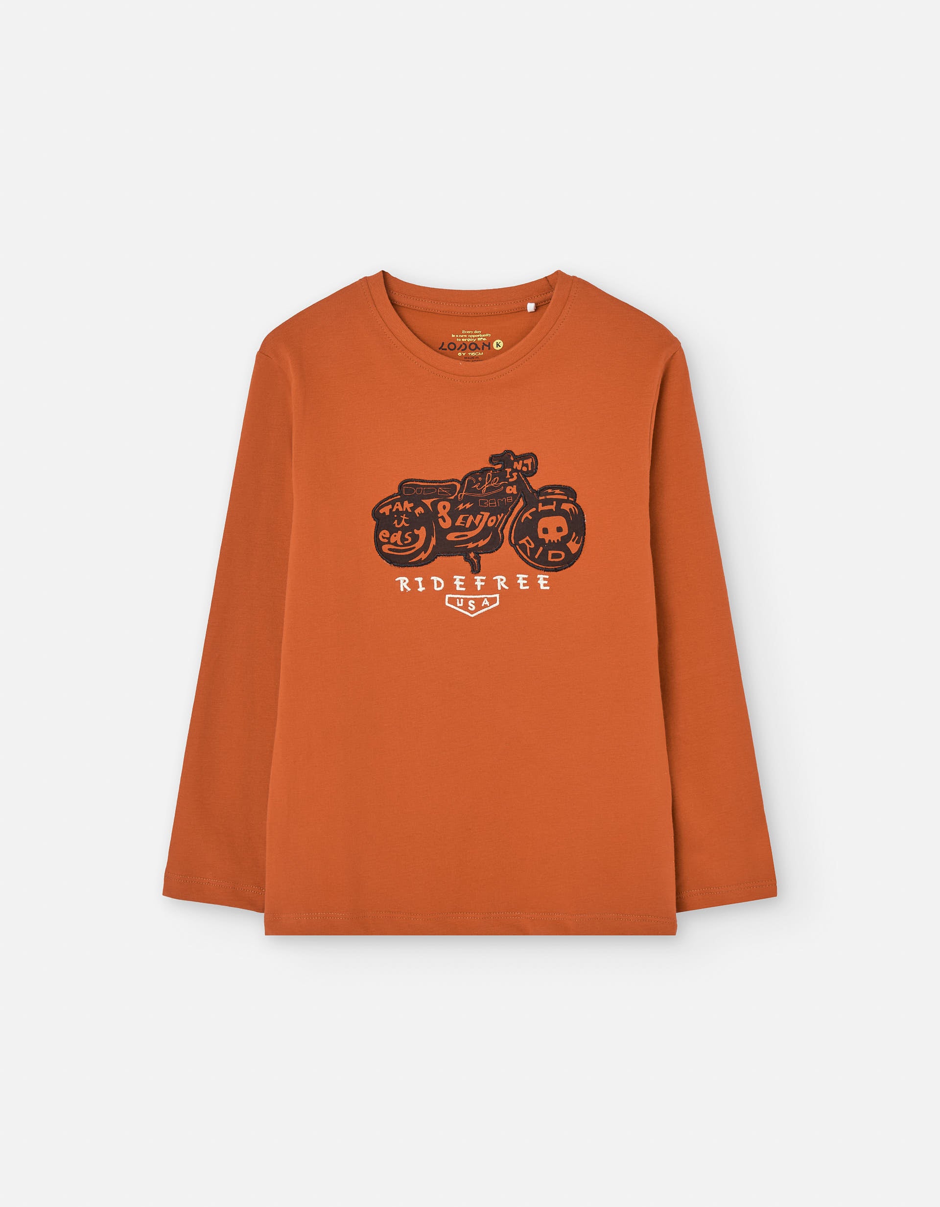 Long sleeve cotton T-shirt with motorbike print for boys, orange