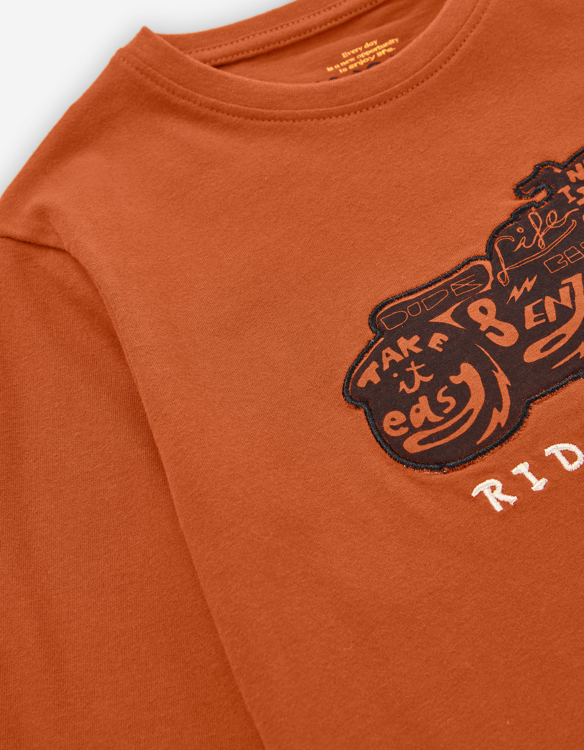 Long sleeve cotton T-shirt with motorbike print for boys, orange