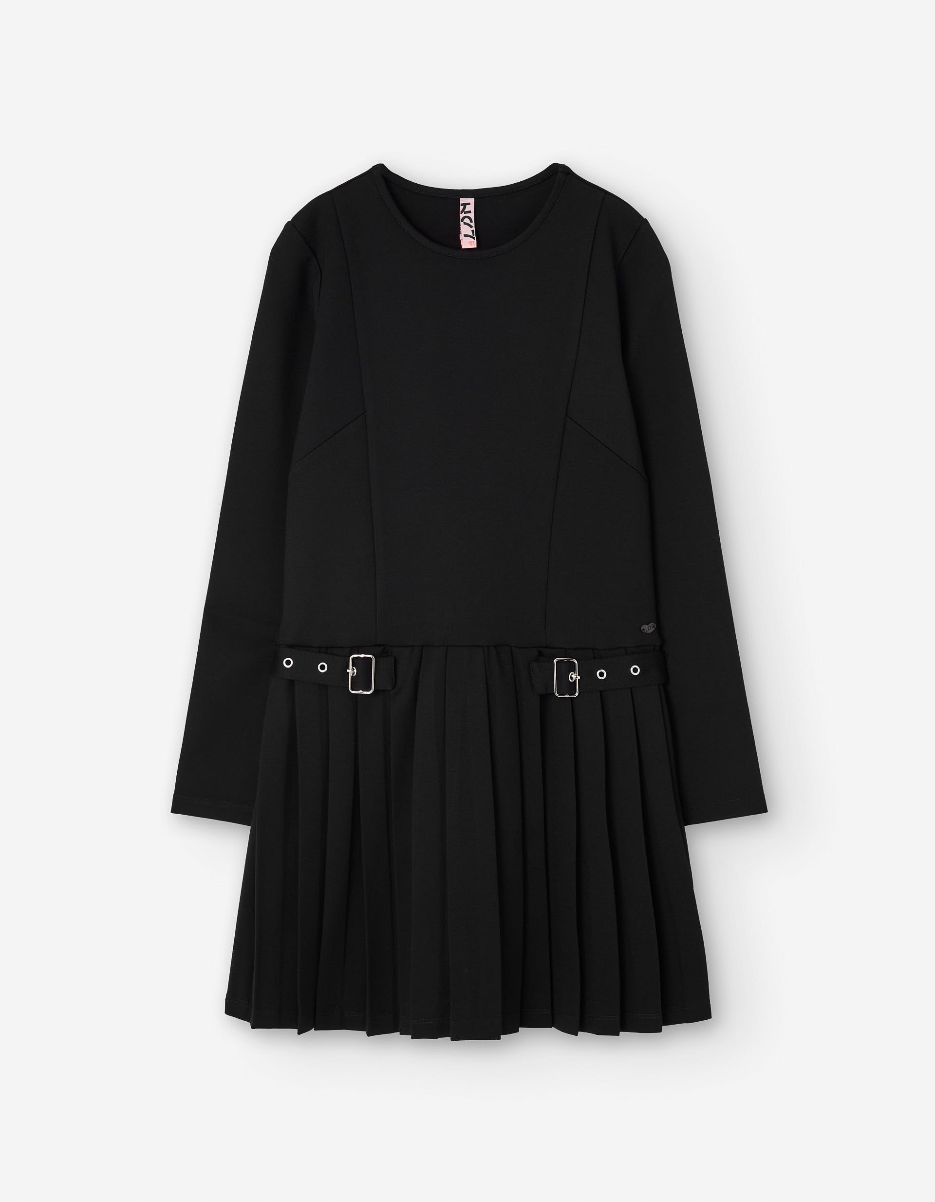 Vestido de malha interlock de manga comprida com pregas para menina, preto
