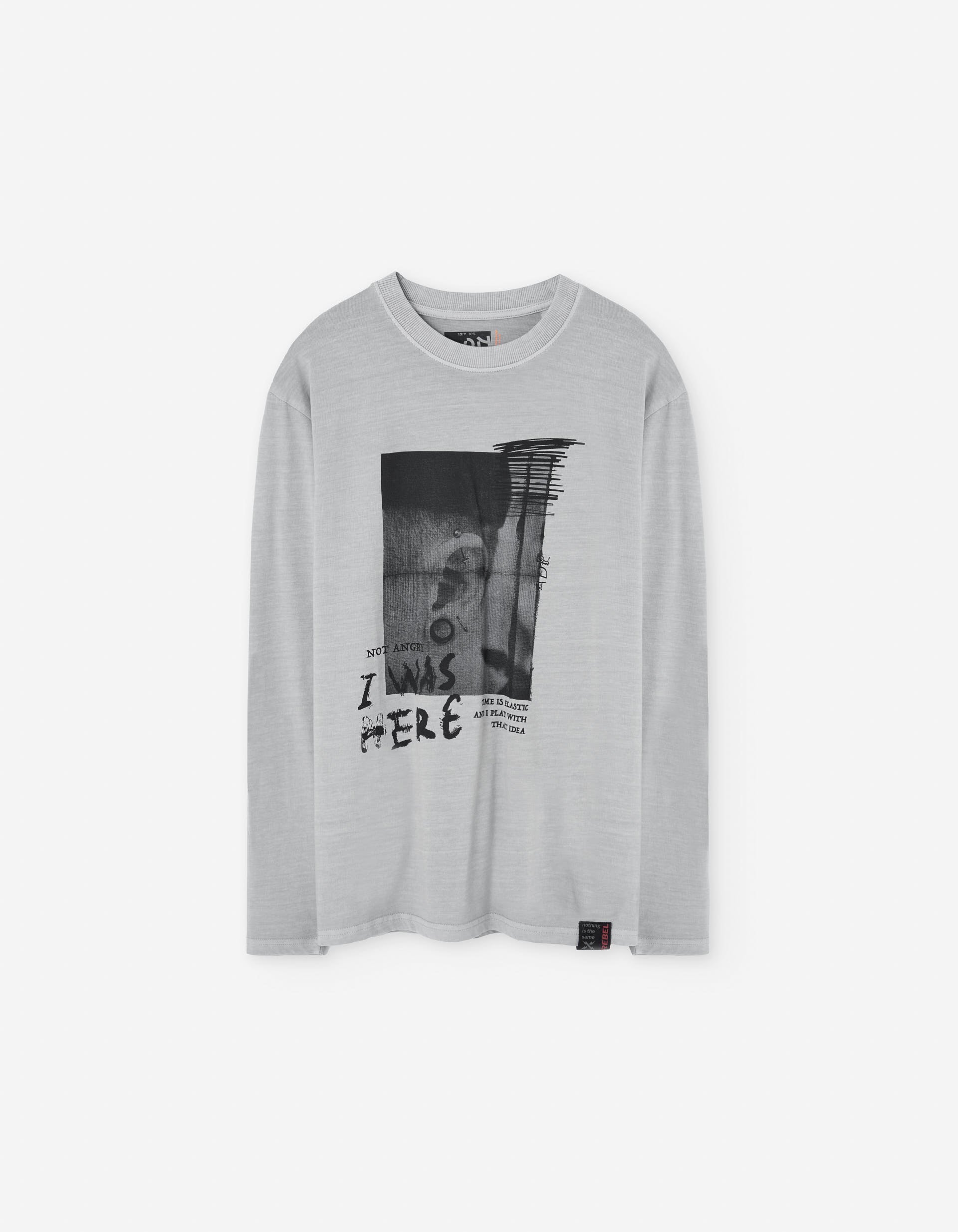 Long sleeve cotton T-shirt with Rebel print for boys, light grey