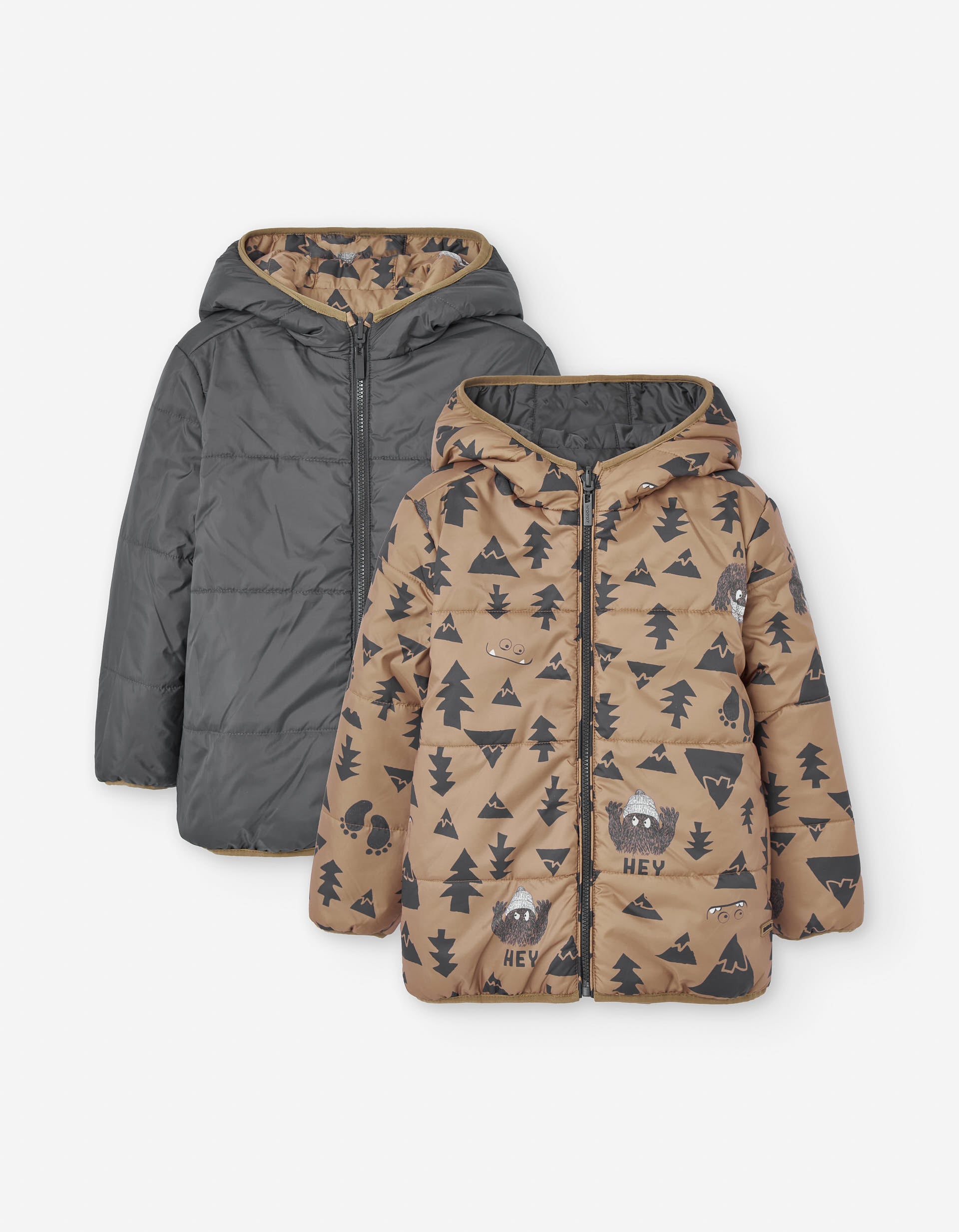 Reversible padded jacket with hood and motif for boys, brown