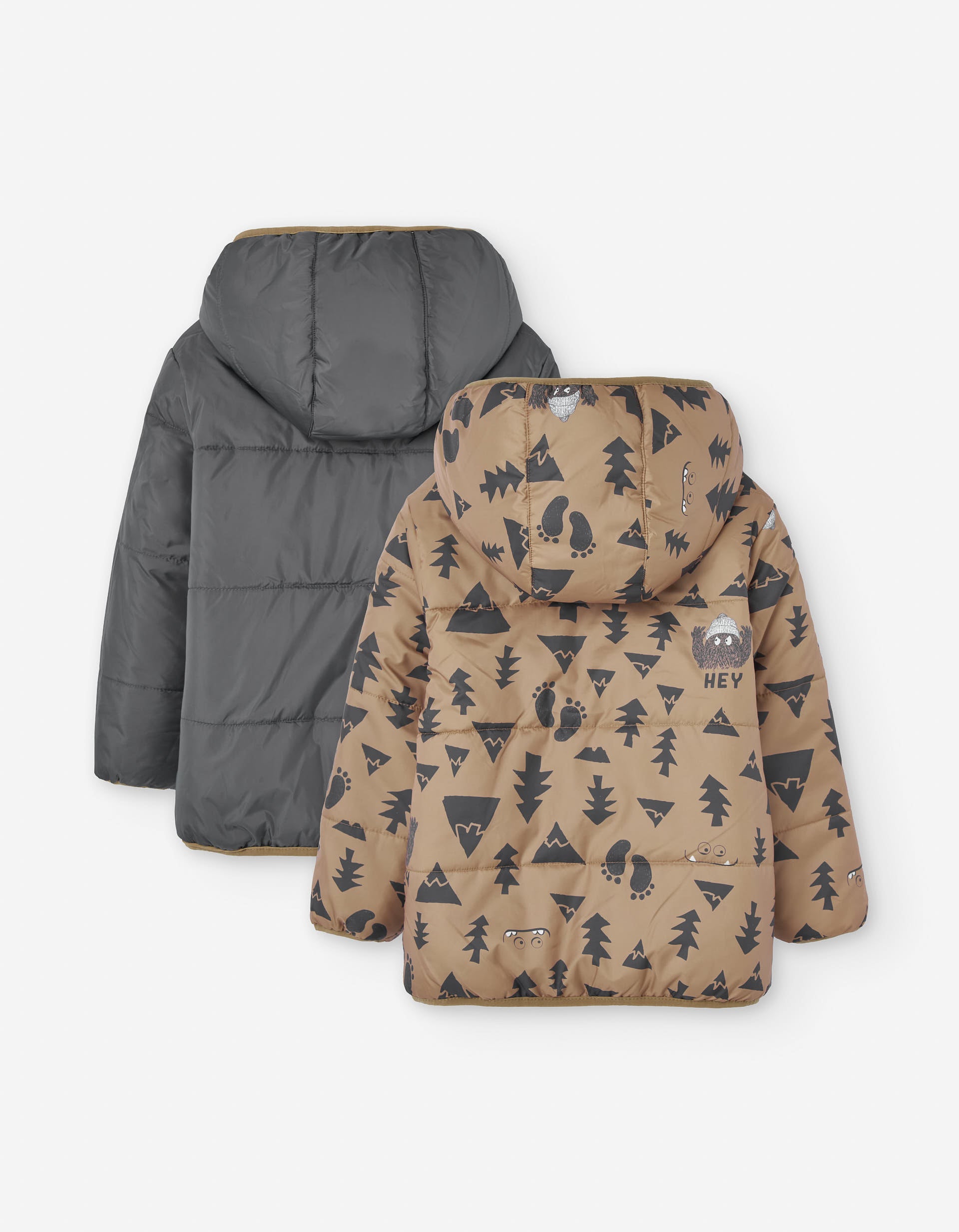 Reversible padded jacket with hood and motif for boys, brown