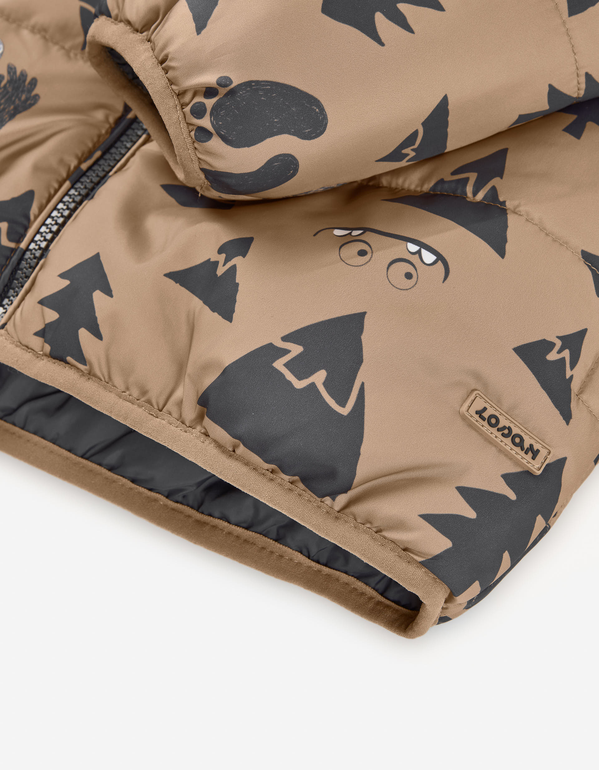 Reversible padded jacket with hood and motif for boys, brown