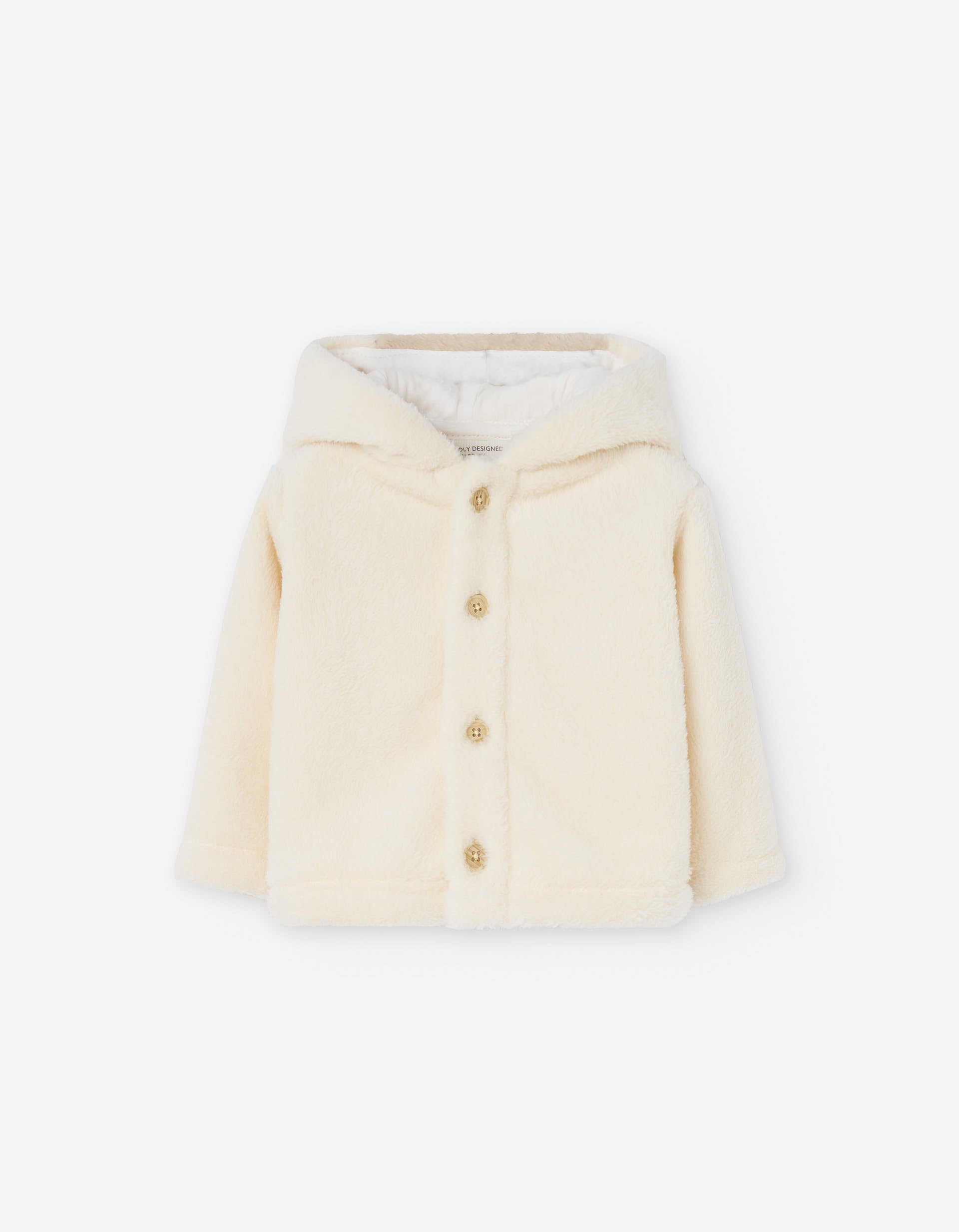Plush hooded jacket with bear embroidery for newborn girls, beige