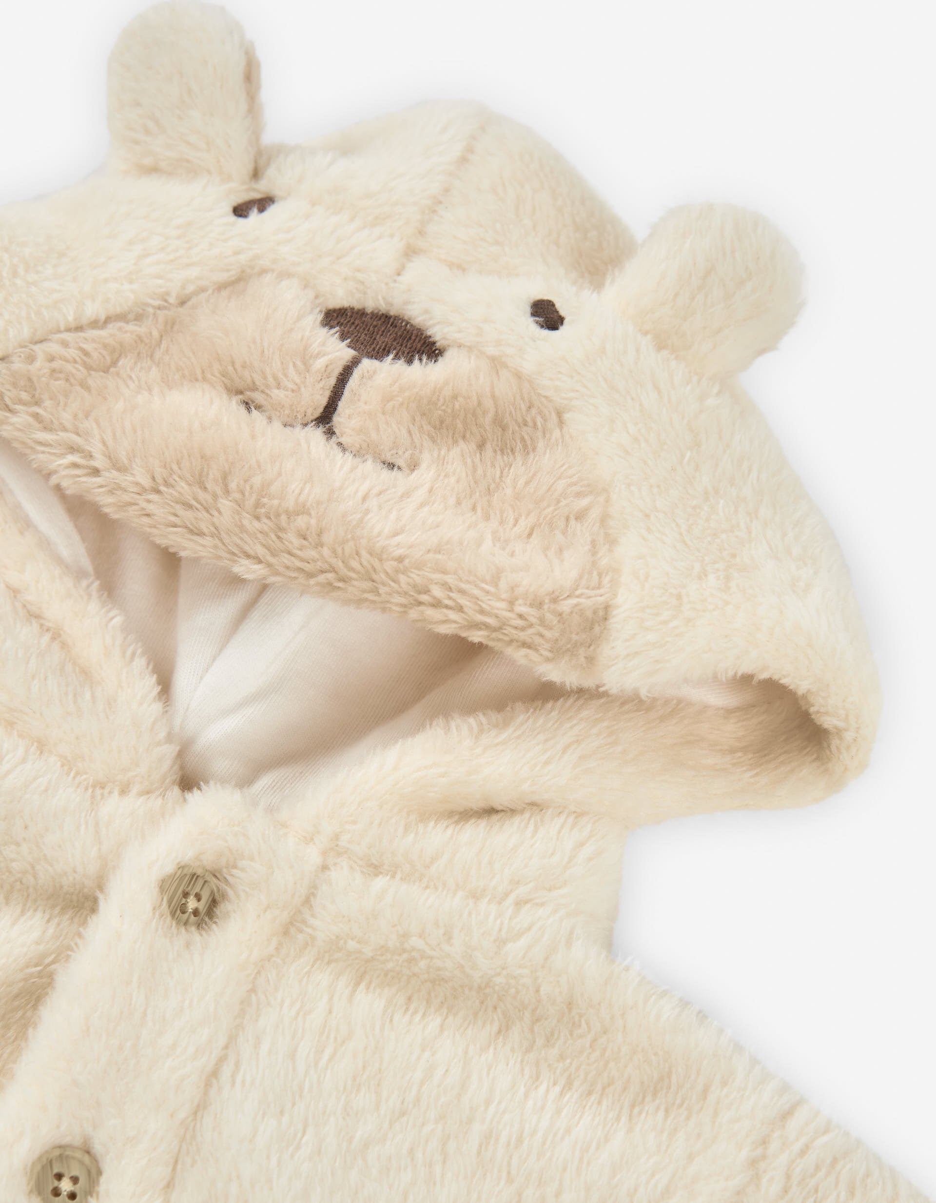 Plush hooded jacket with bear embroidery for newborn girls, beige