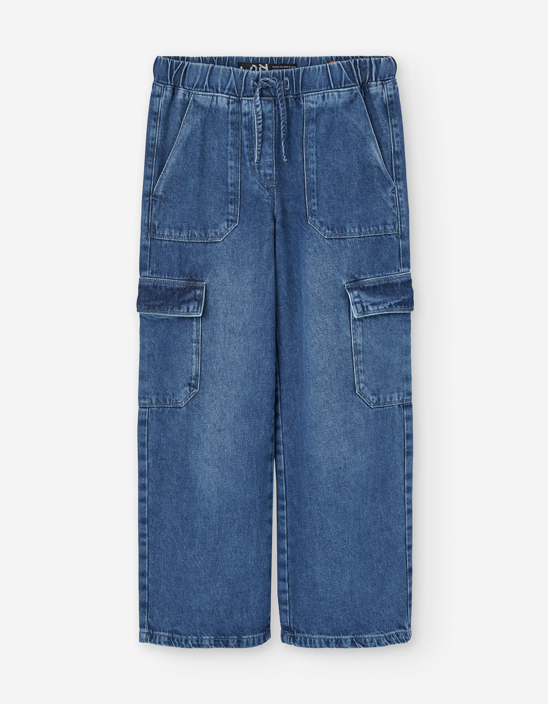 Wide leg jeans with drawstring and cargo pockets for girls, blue