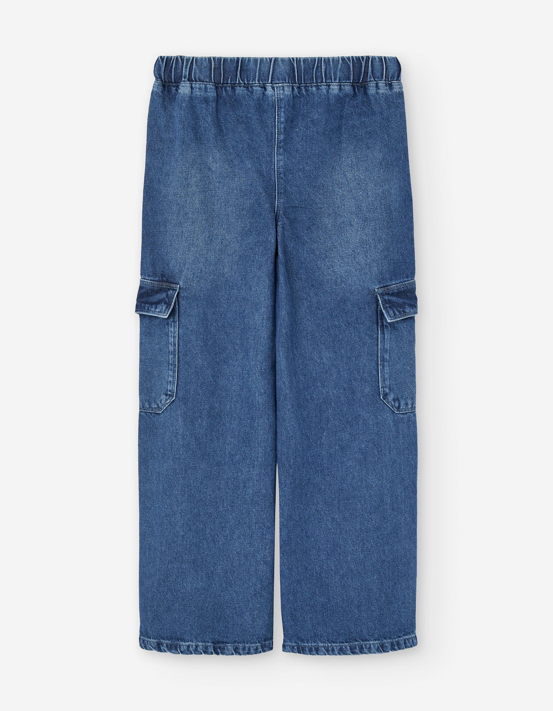 Wide leg jeans with drawstring and cargo pockets for girls, blue