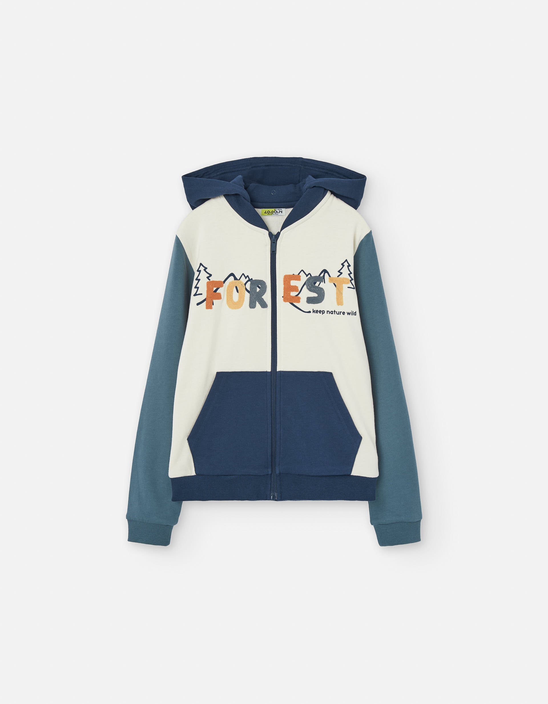 Cotton hooded jacket with forest embroidery for boys, beige/blue