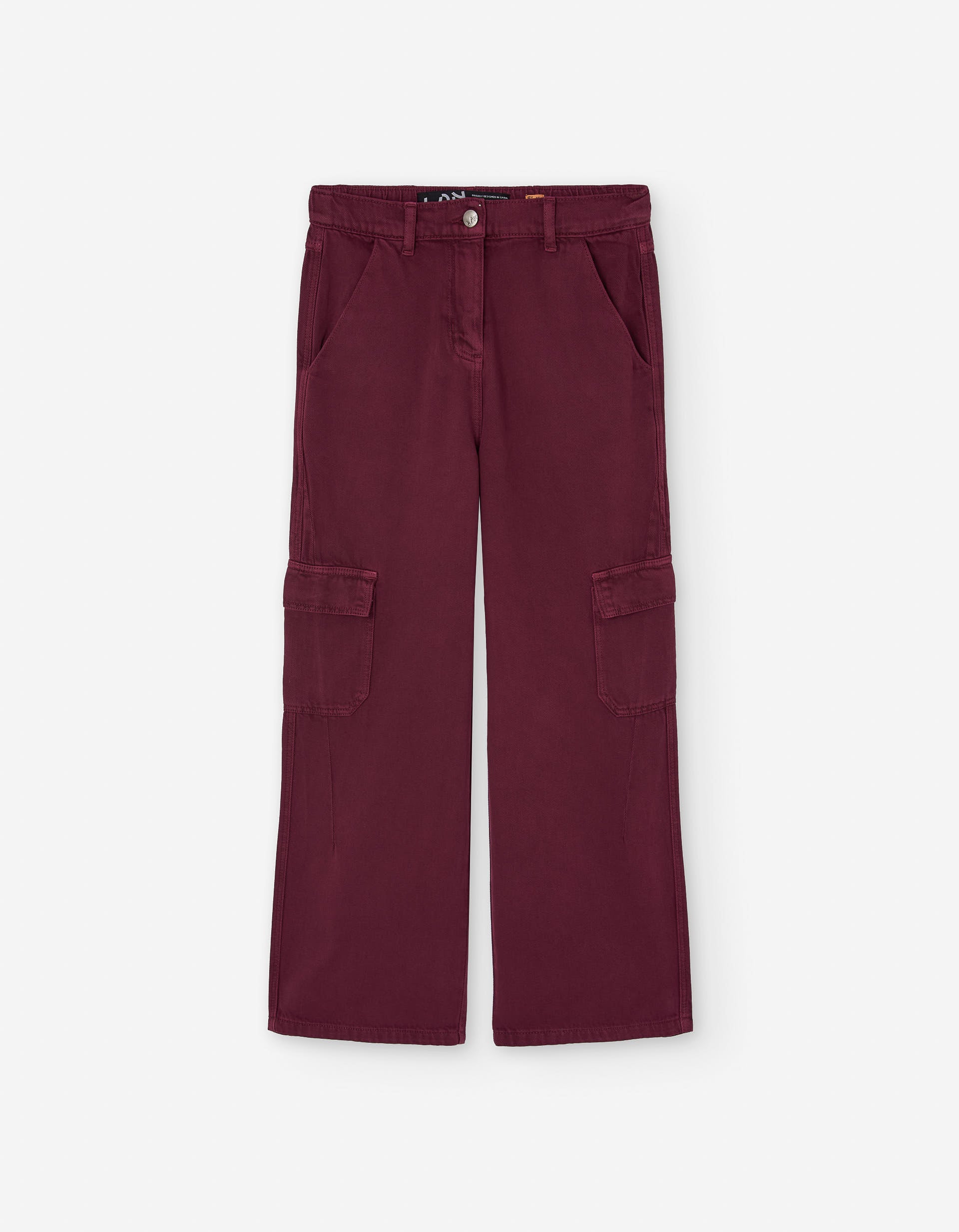Wide leg twill trousers with cargo pockets for girls, dark red