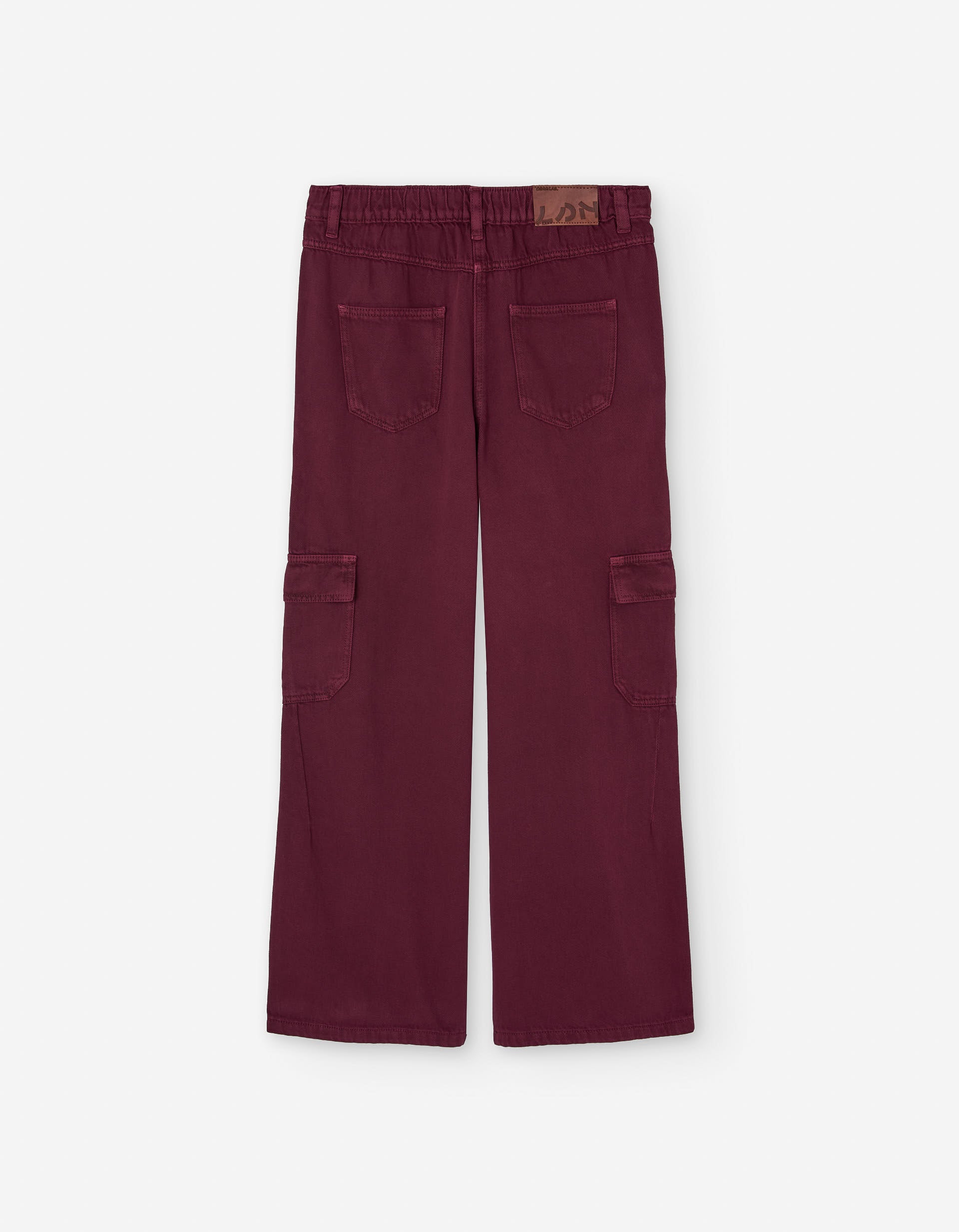 Wide leg twill trousers with cargo pockets for girls, dark red