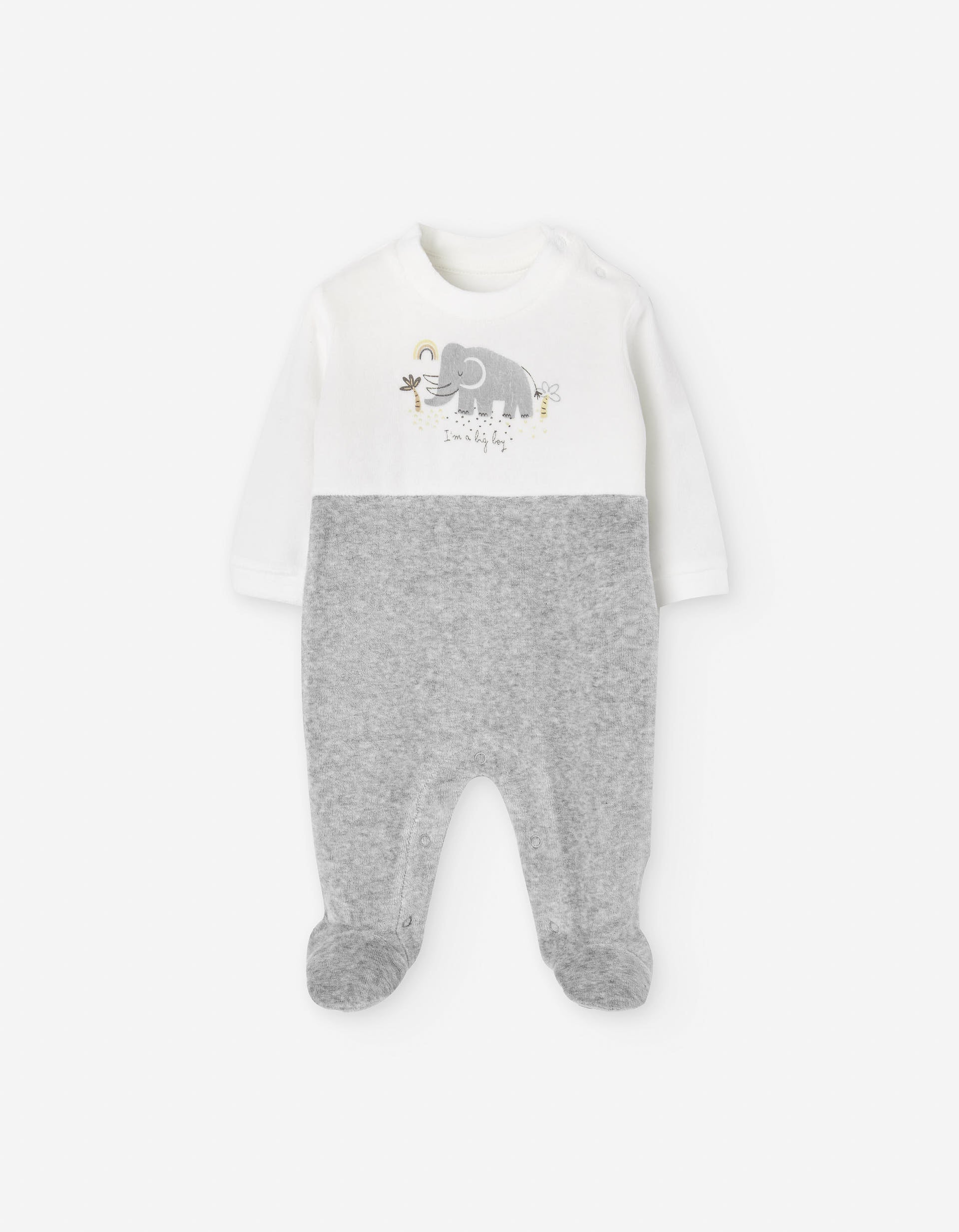 Velvet sleepsuit with elephant print for newborn boys, white/grey
