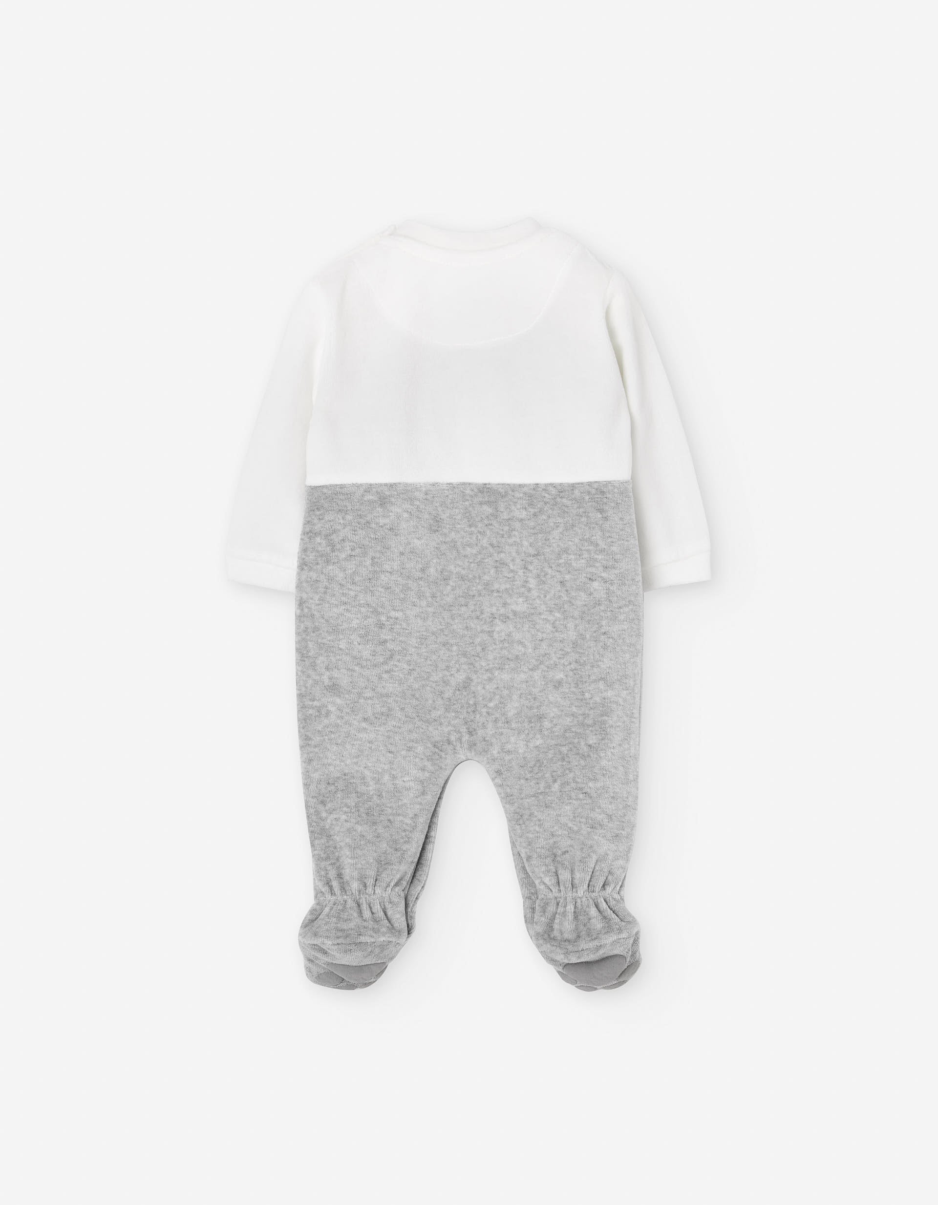 Velvet sleepsuit with elephant print for newborn boys, white/grey