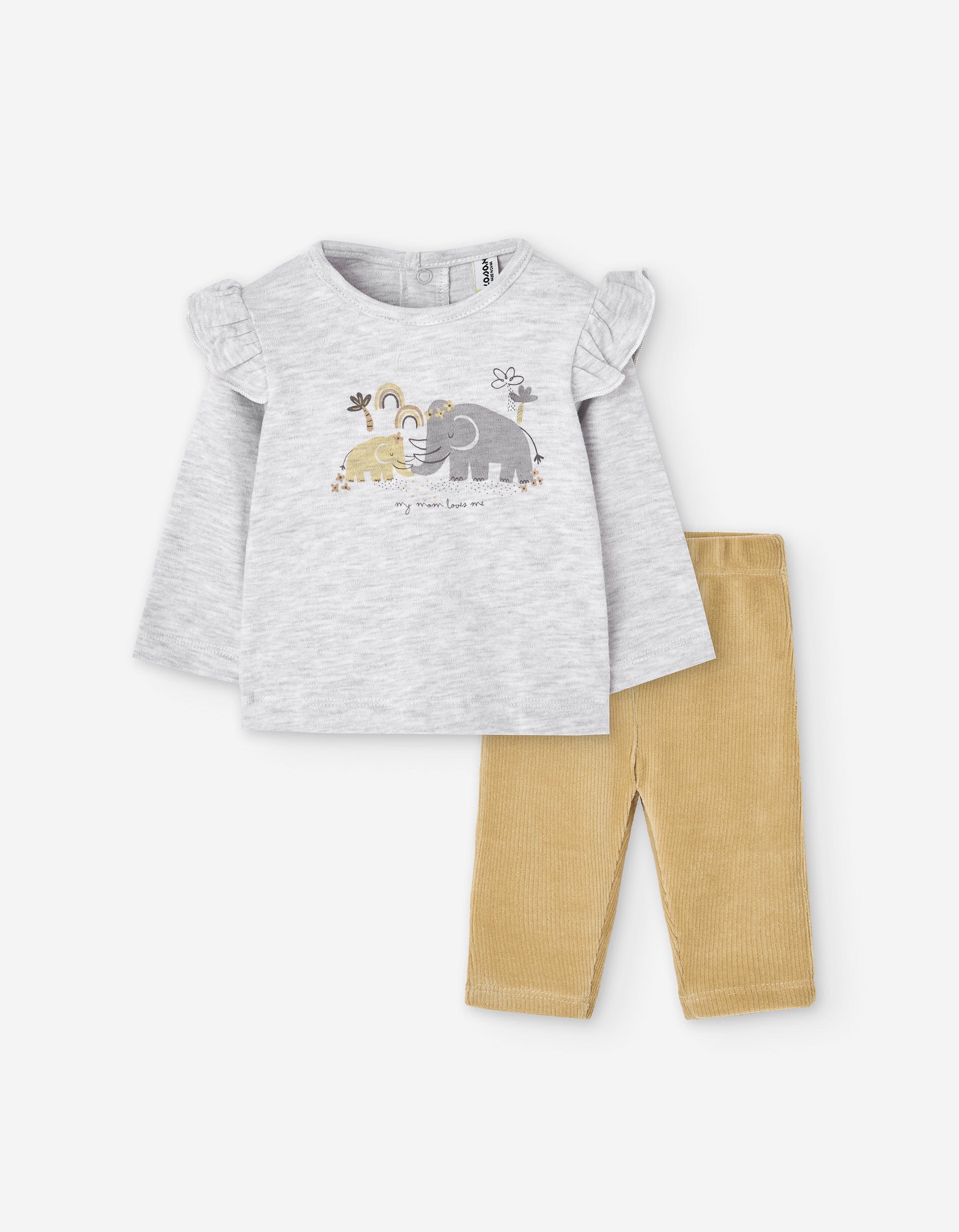 Cotton long sleeve T-shirt and trousers for newborn girls, grey/yellow