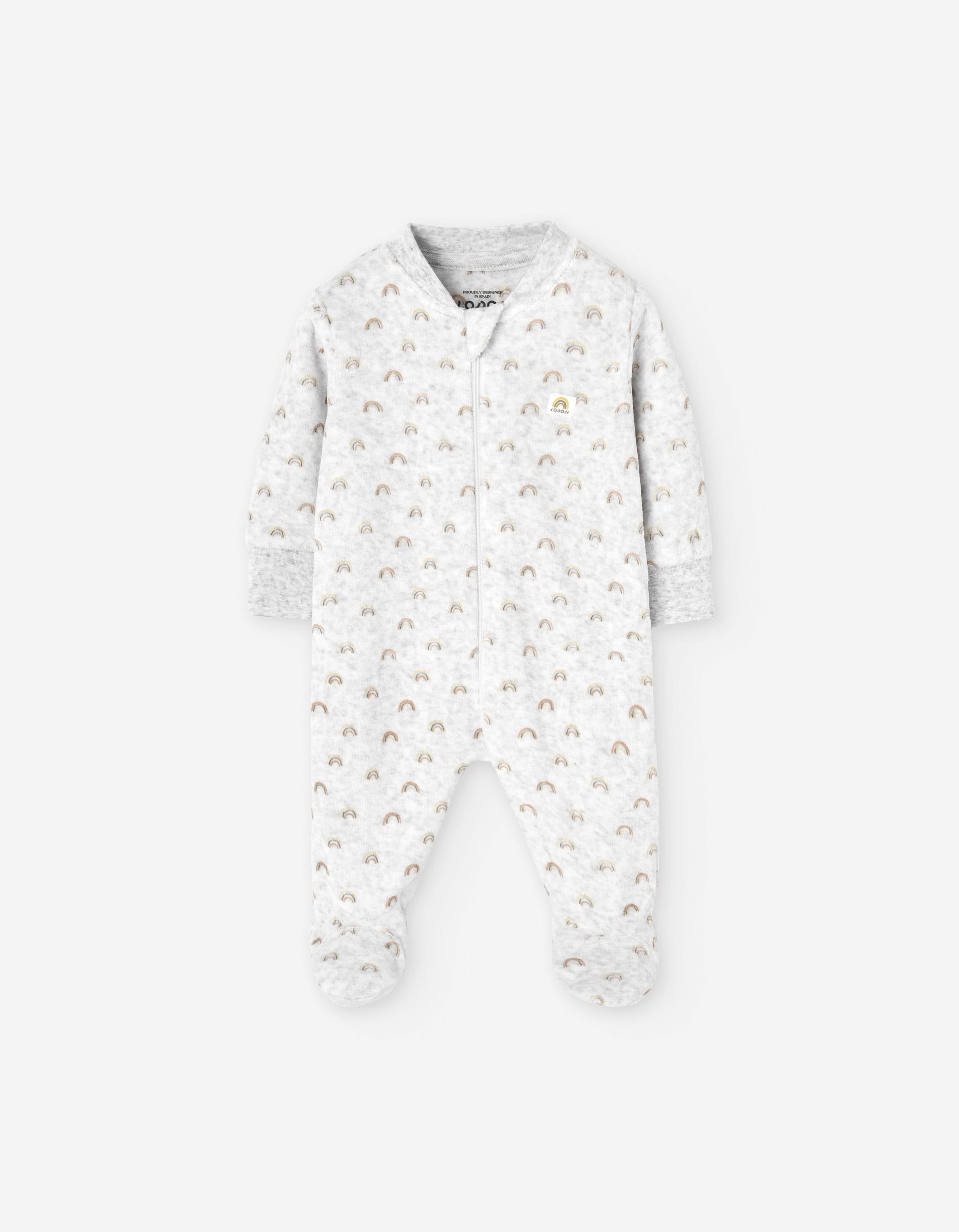 Velvet sleepsuit with rainbow motif for newborn girls, grey